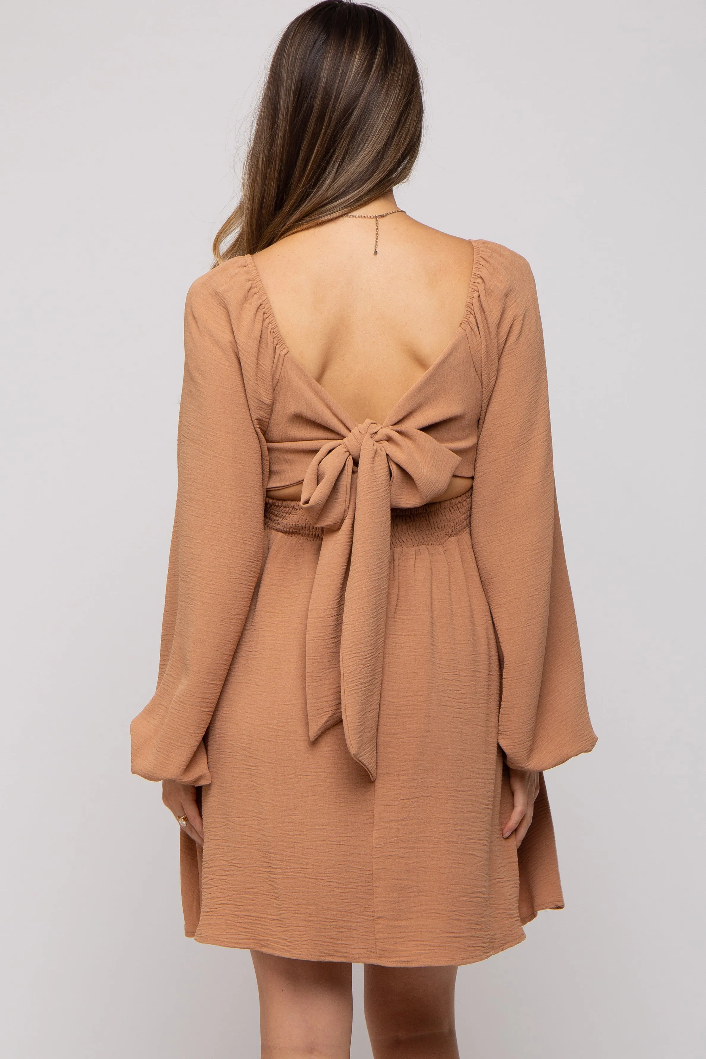 Camel Tie Back Smocked Long Sleeve Maternity Dress sold by Pinkblush product image thumbnail 4