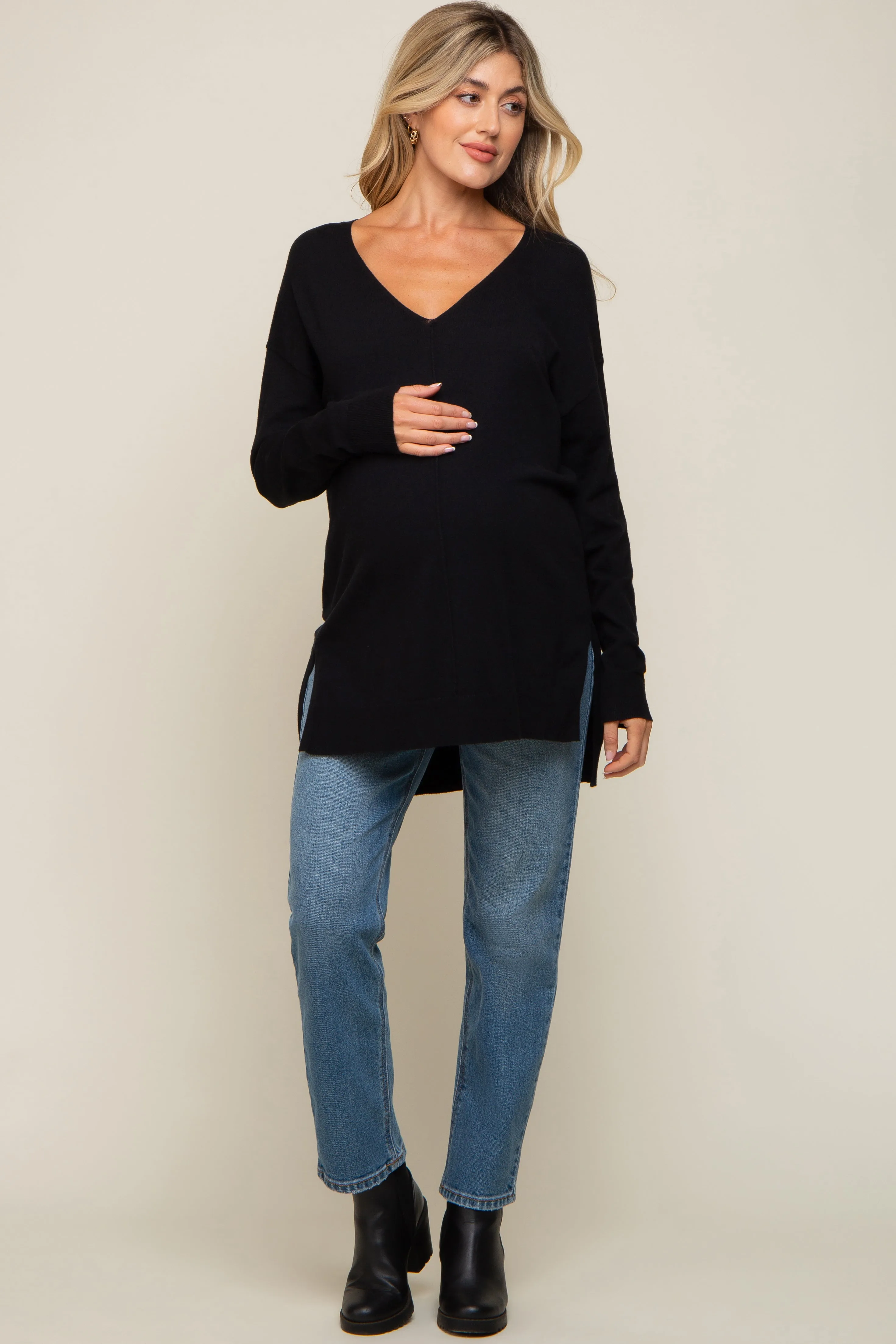 Black Oversized Knit Side Slit Maternity Top sold by Pinkblush