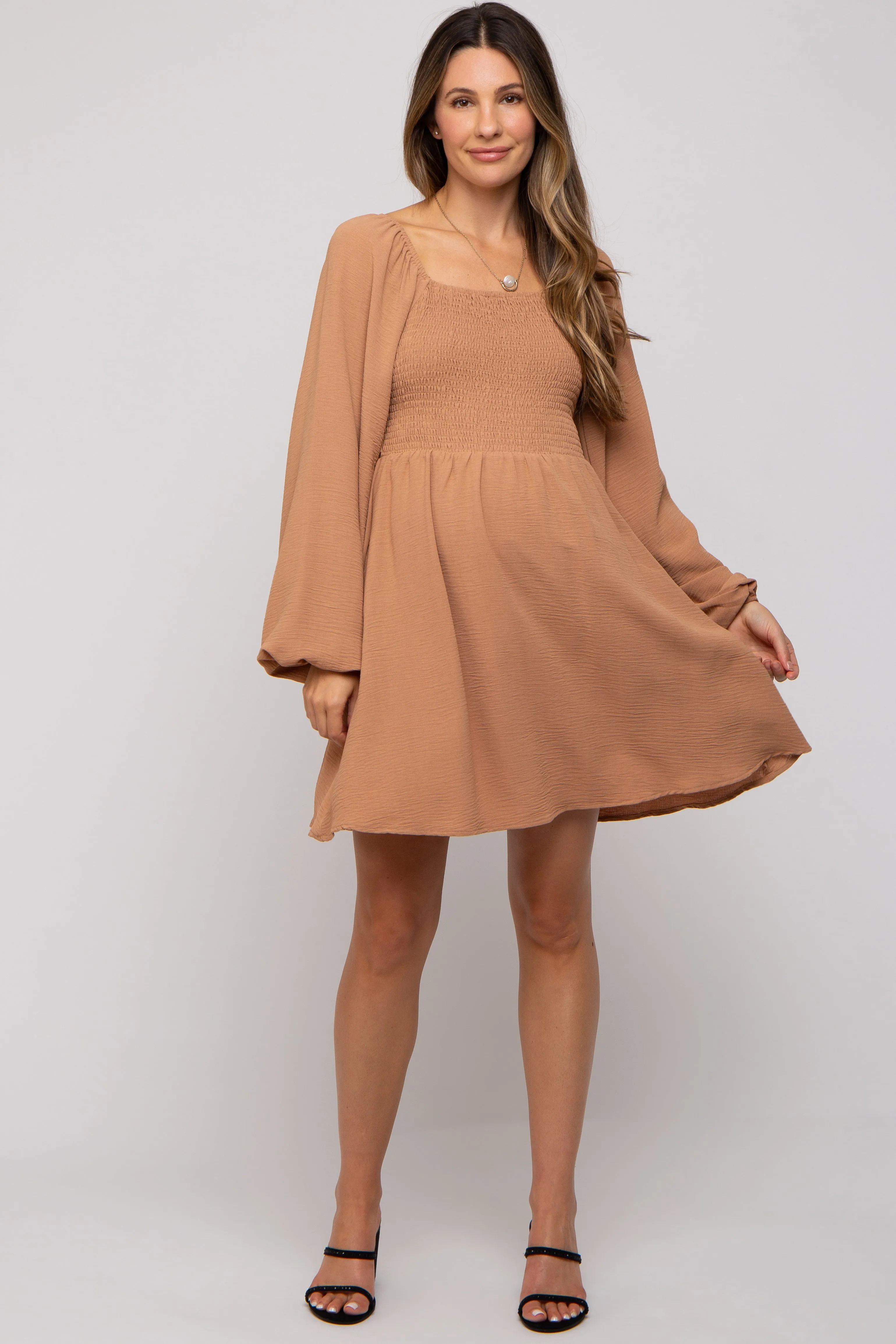 Camel Tie Back Smocked Long Sleeve Maternity Dress sold by Pinkblush
