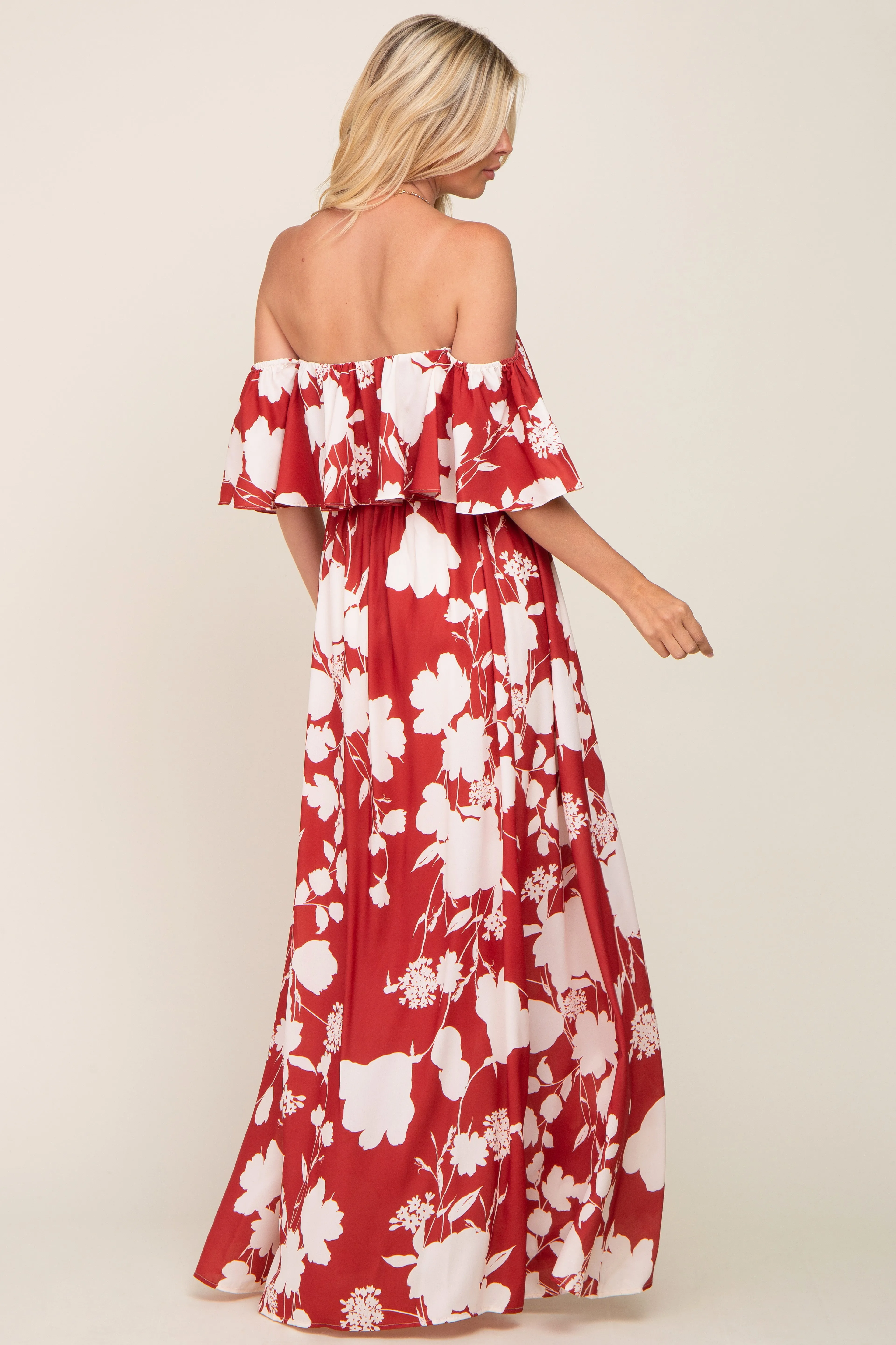 Rust Floral Overlay Off-Shoulder Side Slit Maxi Dress sold by Pinkblush product image thumbnail 3