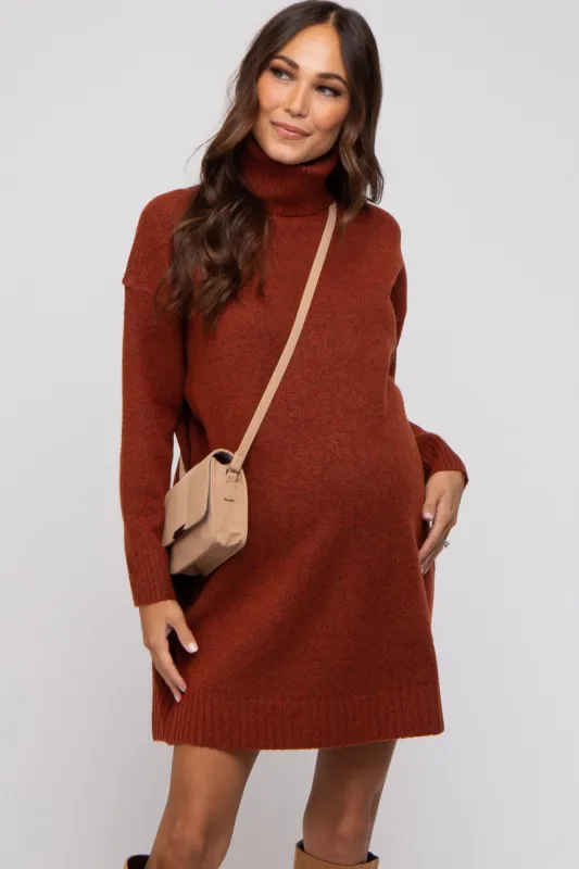 Rust Turtleneck Maternity Sweater Mini Dress sold by Pinkblush