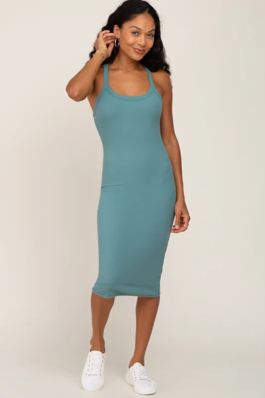 Teal Ribbed Fitted Sleeveless Dress sold by Pinkblush