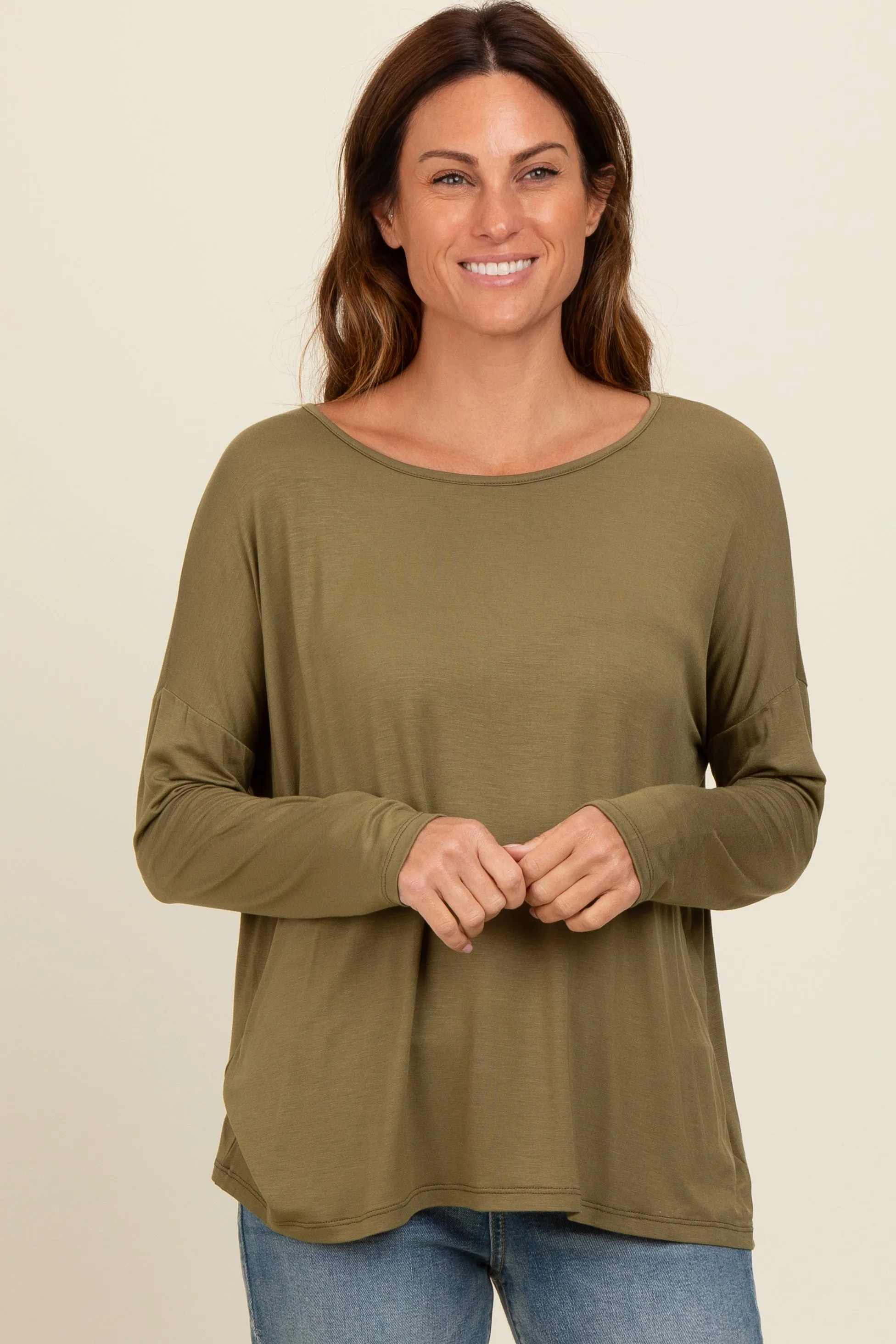 Olive Drop Shoulder Long Sleeve Top sold by Pinkblush