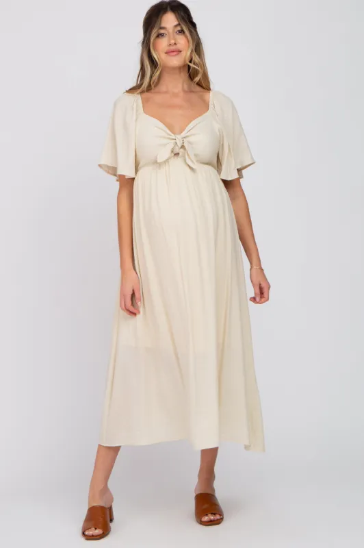Beige Front Tie Ruffle Sleeve Maternity Midi Dress sold by Pinkblush
