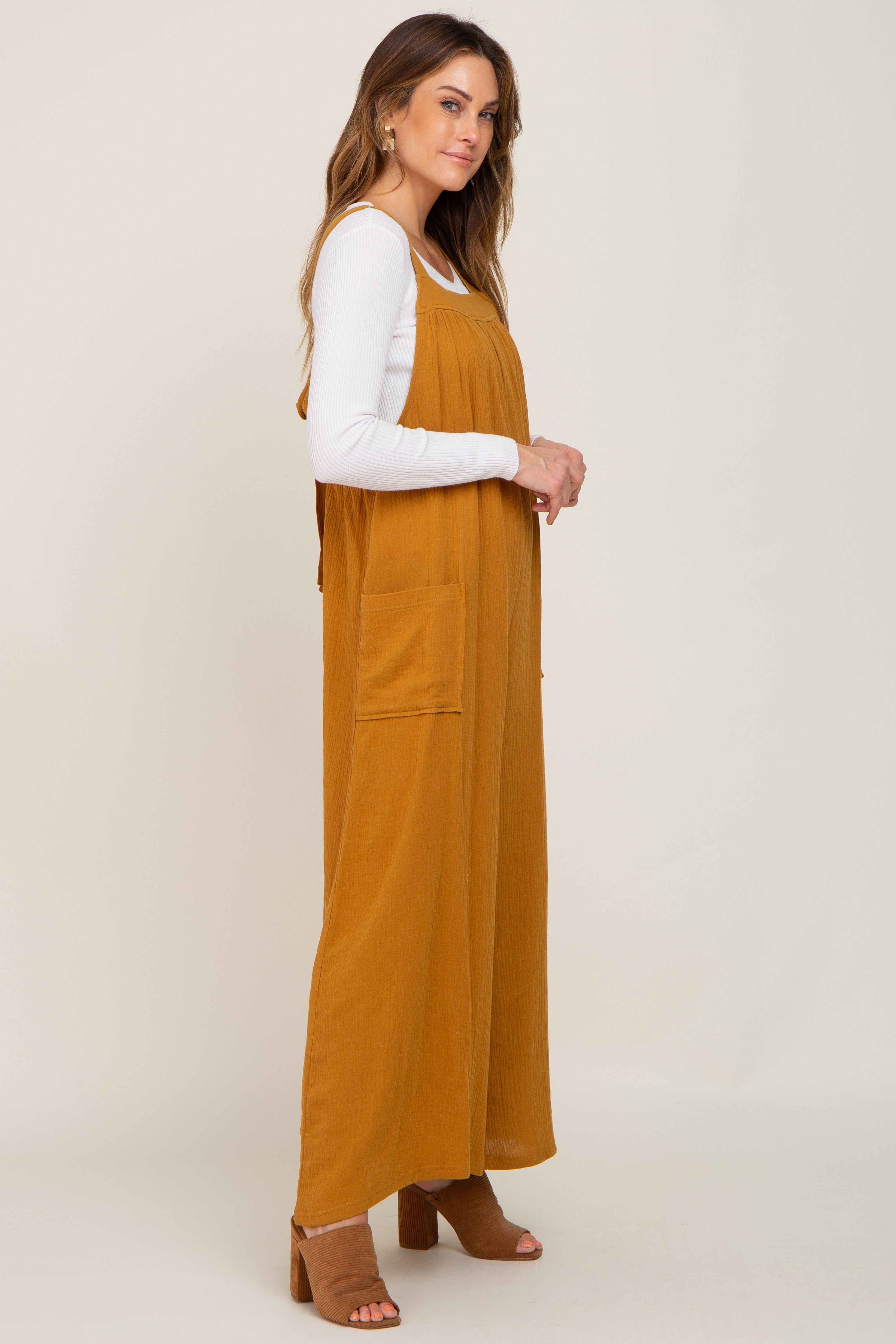 Camel Wide Leg Tie Back Overalls sold by Pinkblush product image thumbnail 2