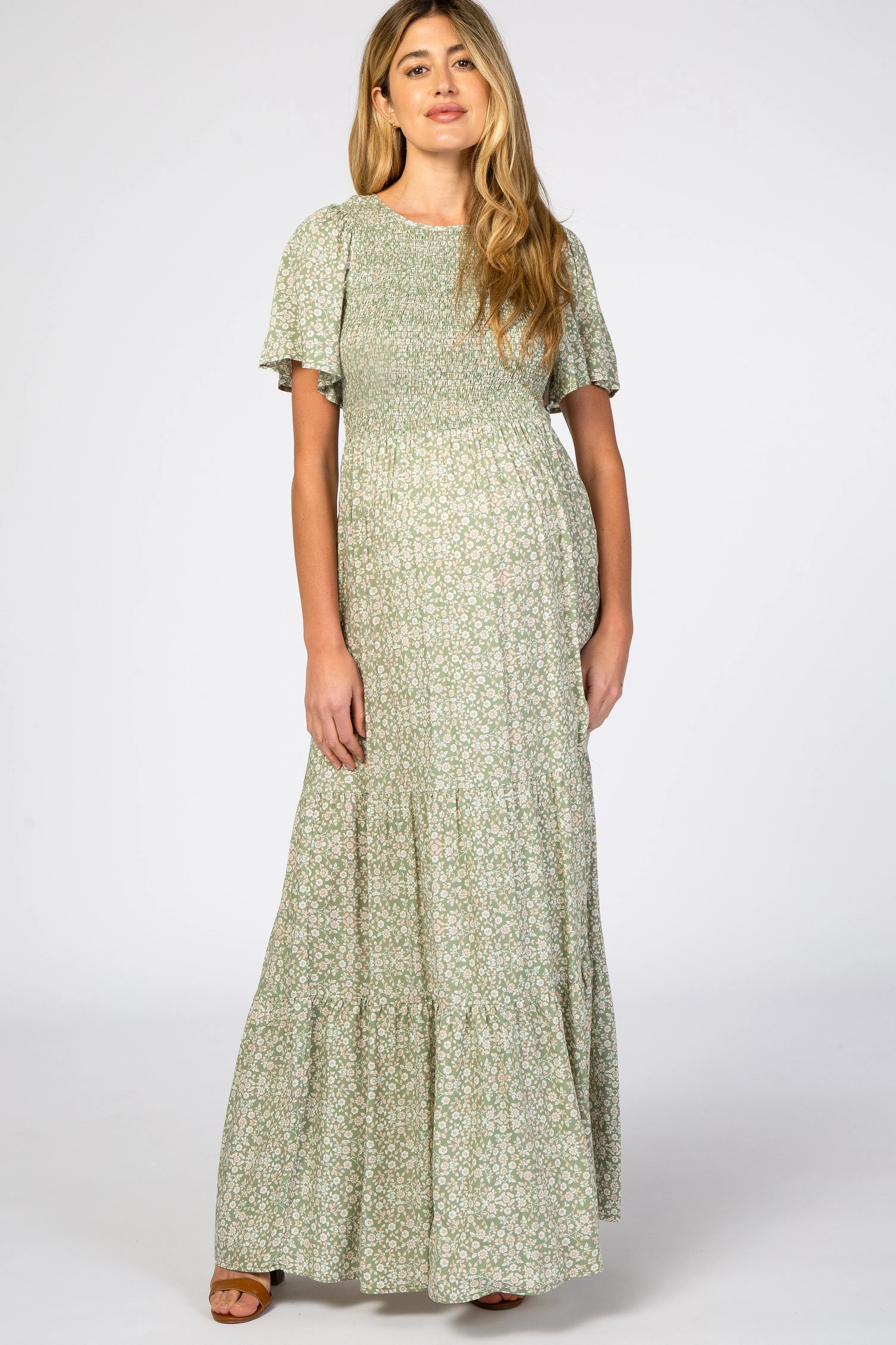 Light Olive Floral Smocked Front Pleated Hem Maternity Maxi Dress sold by Pinkblush