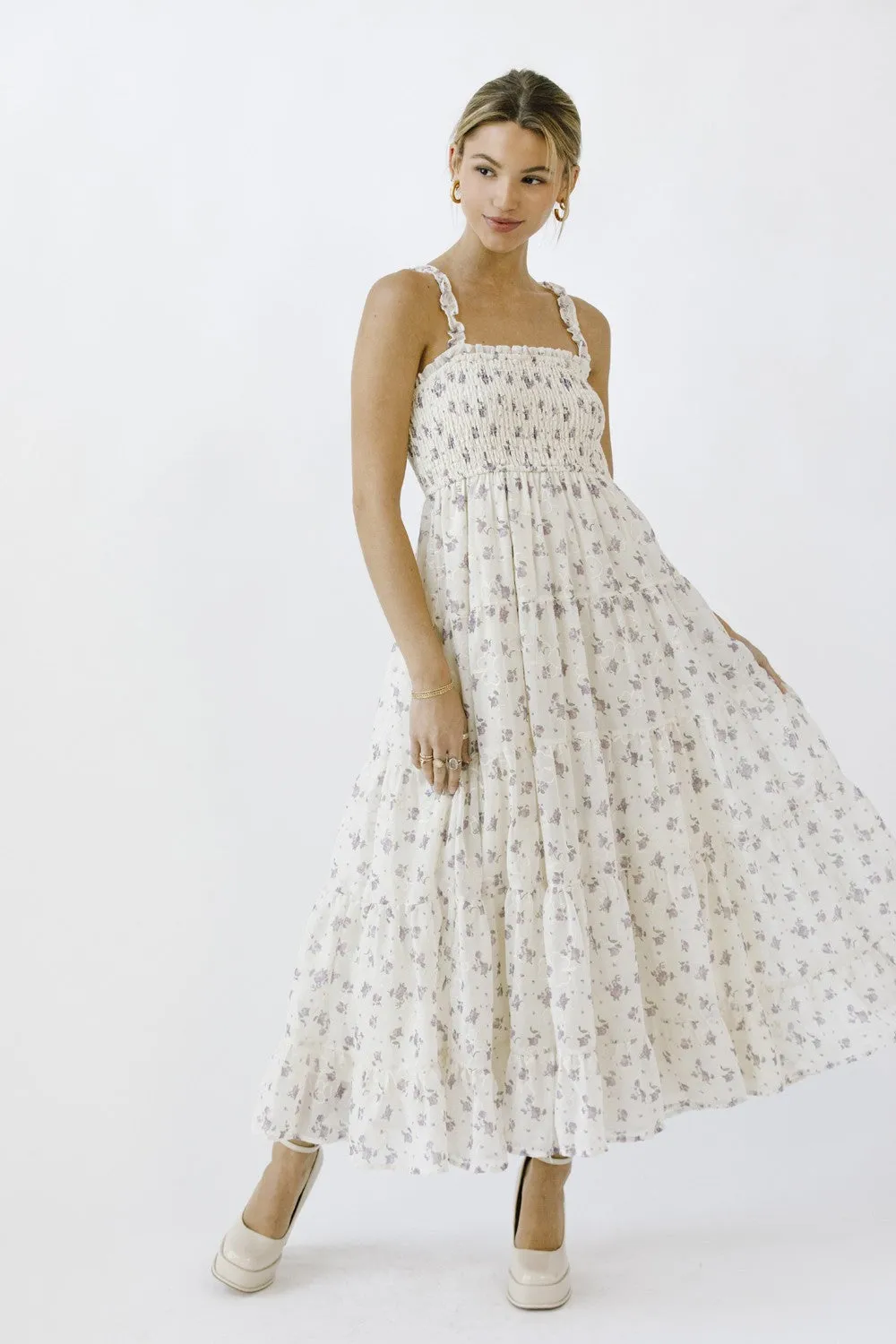 Ivory Smocked Embroidered Floral Maxi Dress sold by Pinkblush