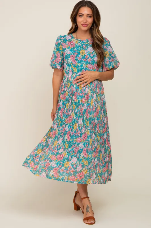 Teal Floral Chiffon Pleated Maternity Midi Dress sold by Pinkblush