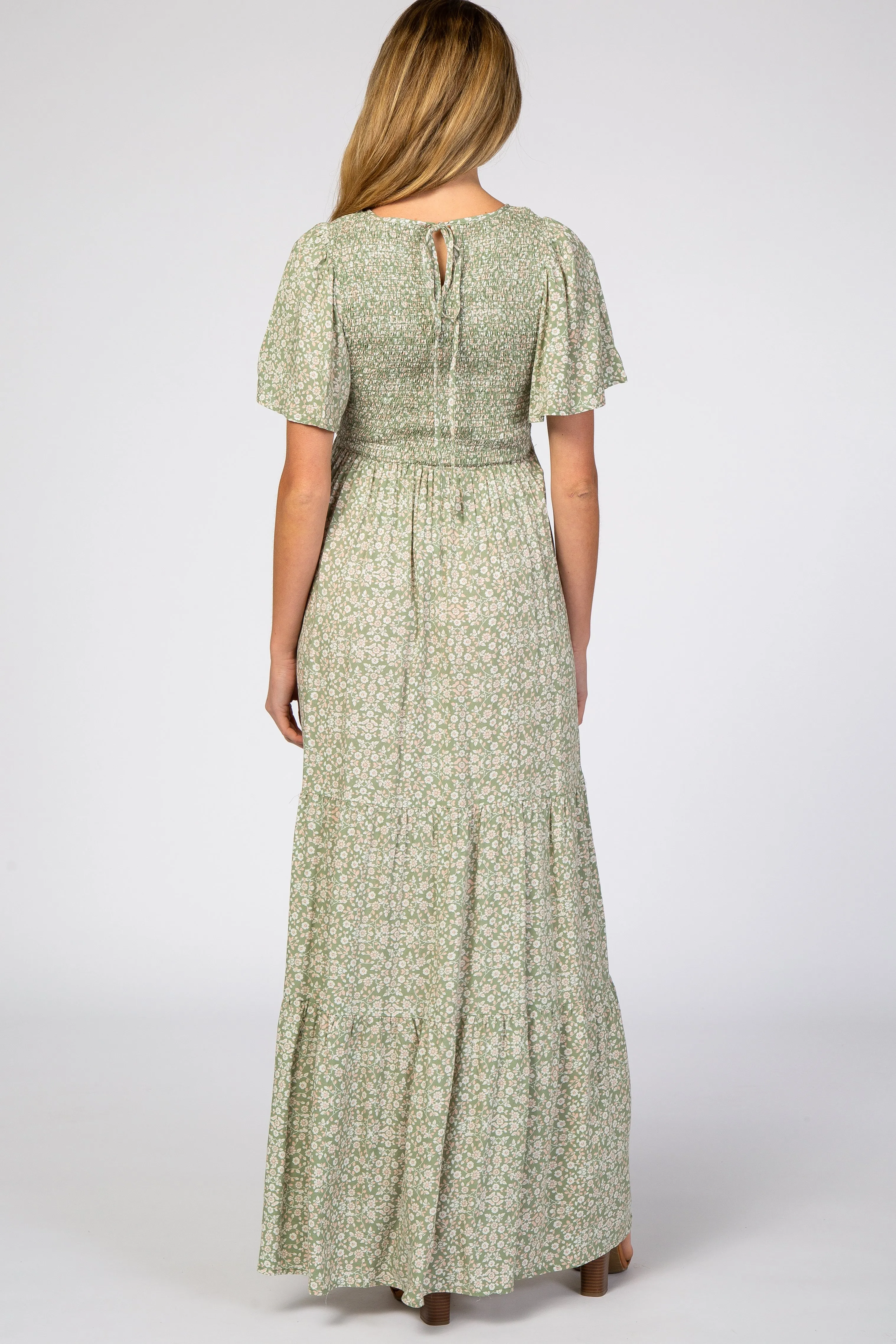 Light Olive Floral Smocked Front Pleated Hem Maternity Maxi Dress sold by Pinkblush product image thumbnail 3