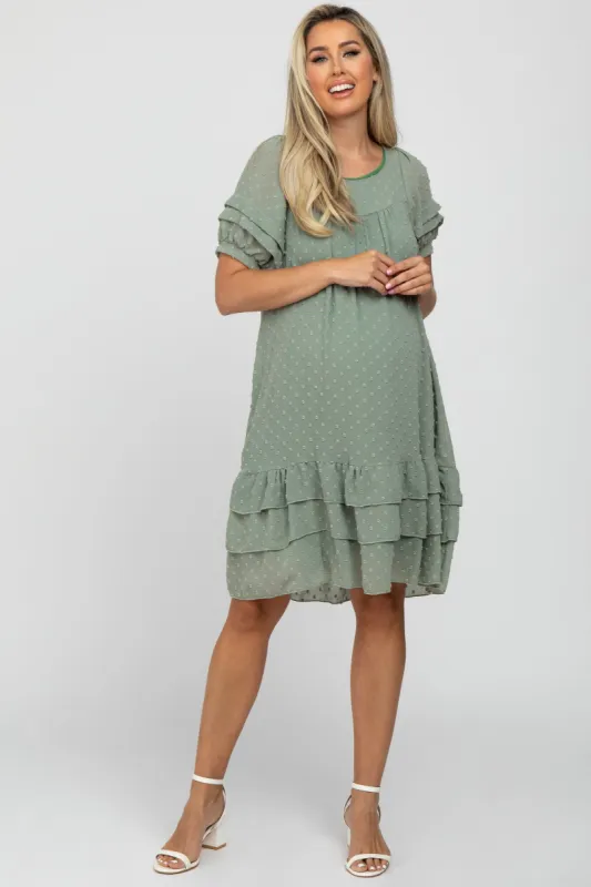 Light Olive Chiffon Swiss Dot Ruffle Hem Maternity Midi Dress sold by Pinkblush