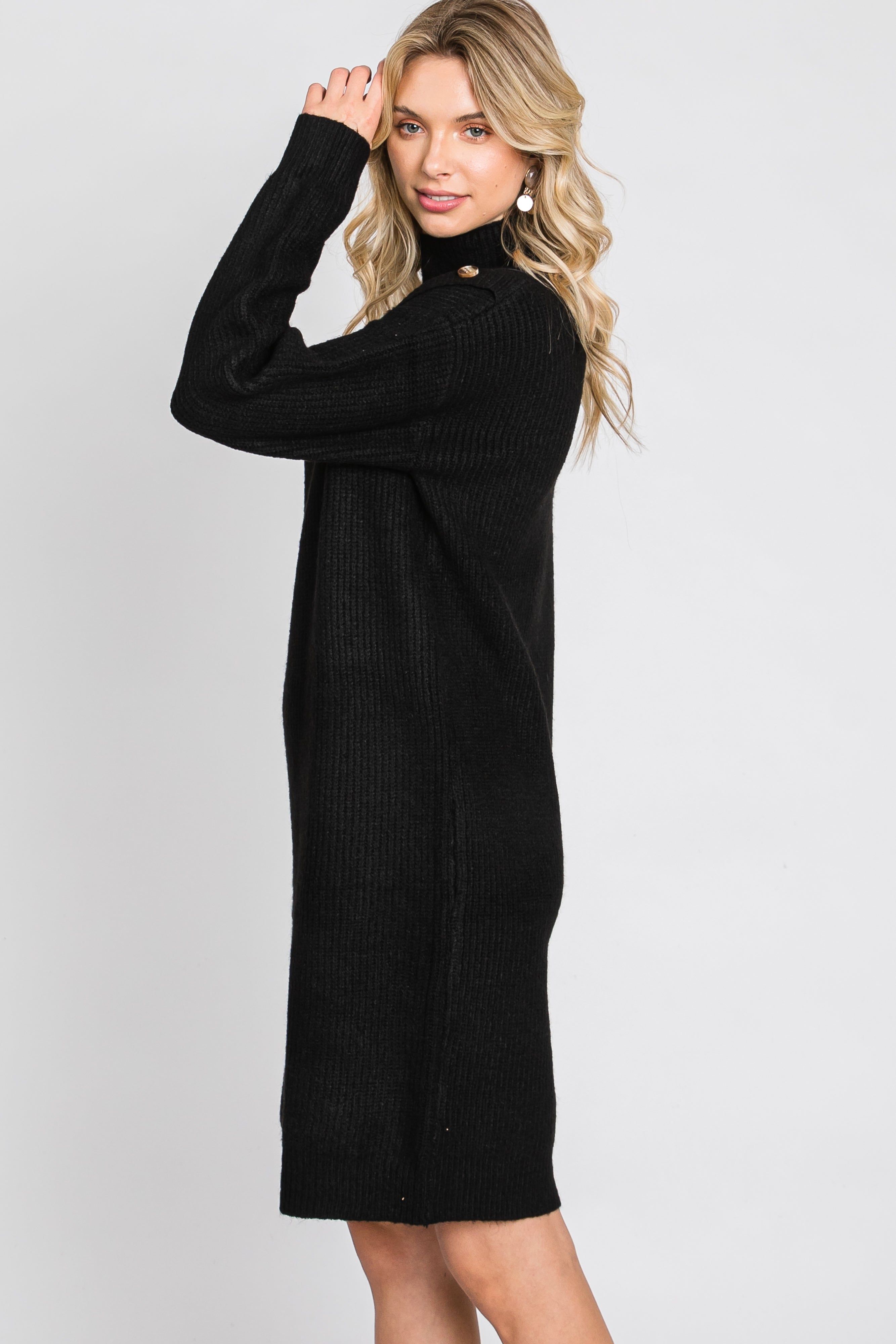 Black Mock Neck Button Shoulder Sweater Dress sold by Pinkblush product image thumbnail 5