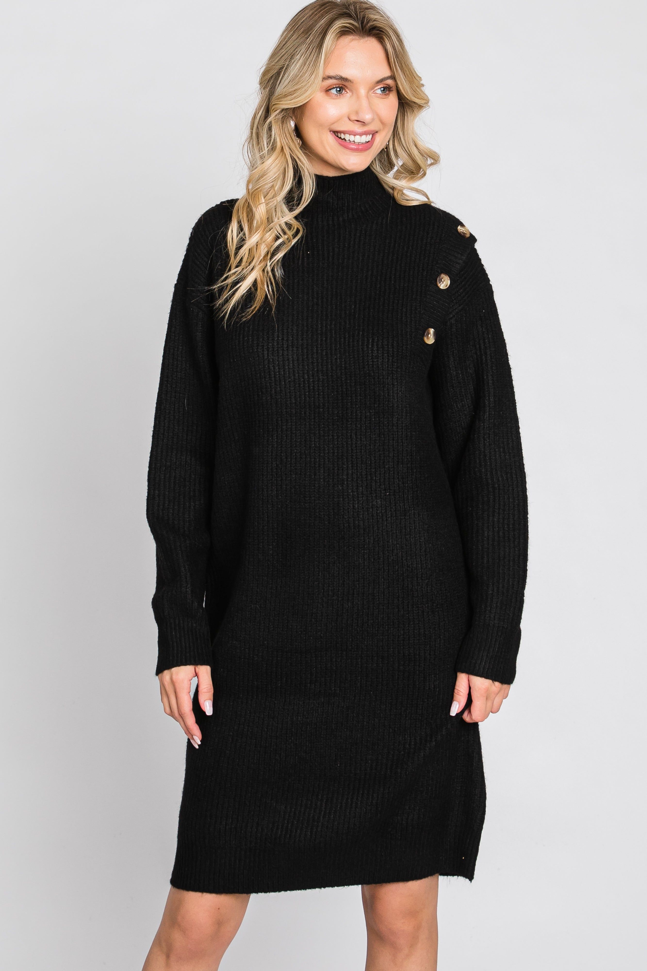 Black Mock Neck Button Shoulder Sweater Dress sold by Pinkblush product image thumbnail 2