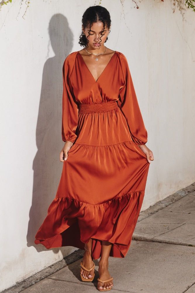 Rust Satin Smocked Waist Tiered Maxi Dress sold by Pinkblush