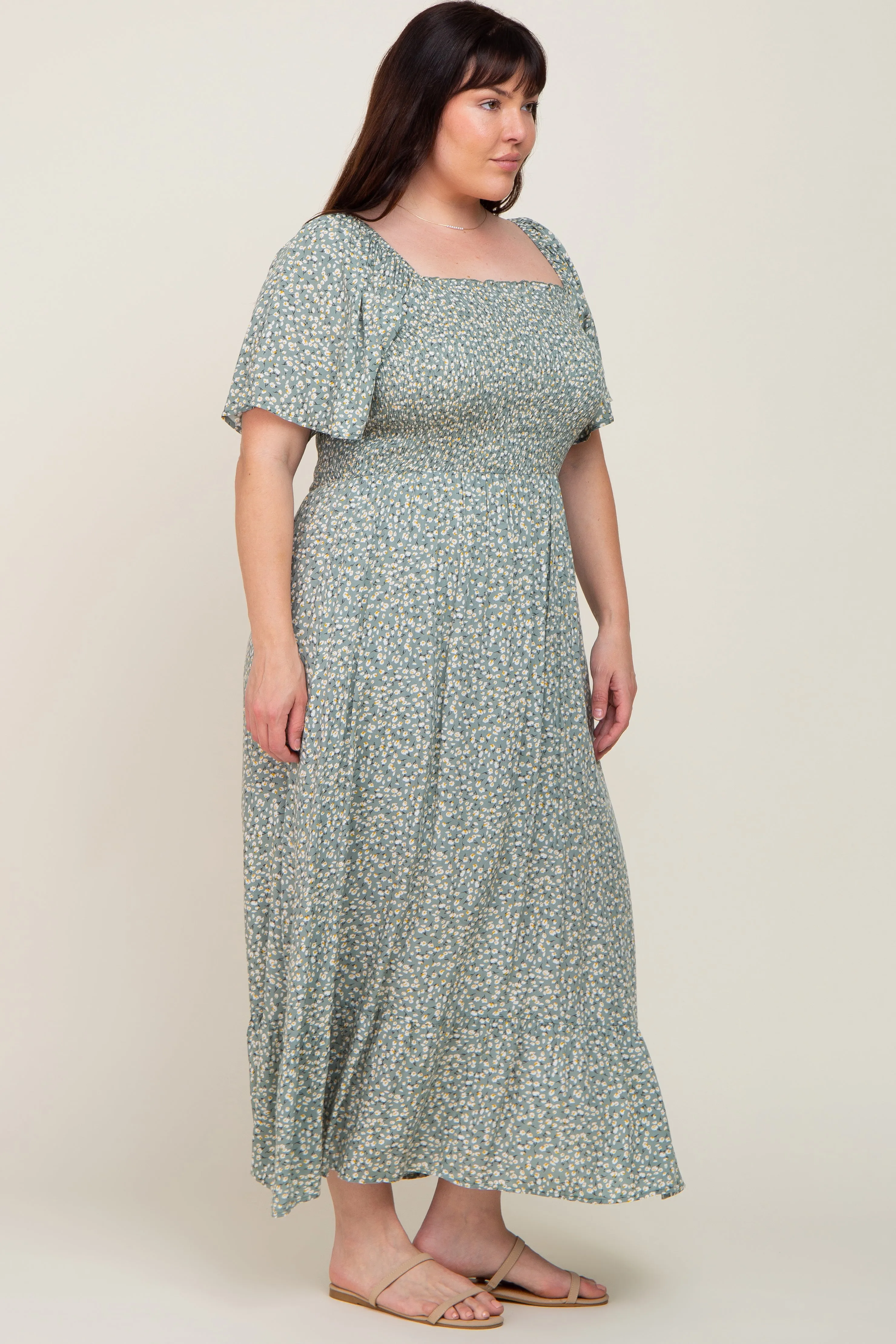 Mint Green Floral Smocked Flounce Sleeve Plus Maxi Dress sold by Pinkblush product image thumbnail 2