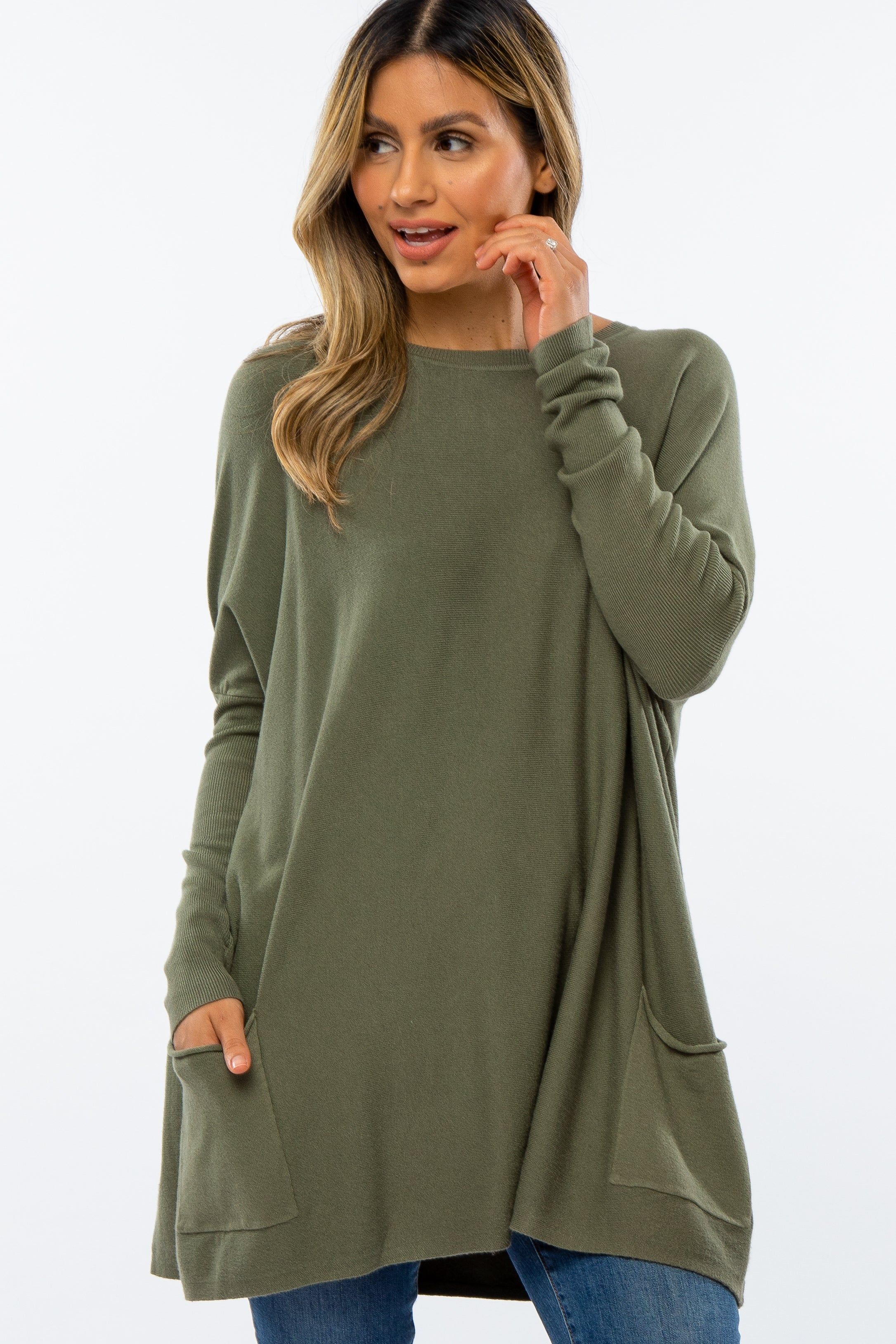 Olive Pocketed Dolman Sleeve Top sold by Pinkblush