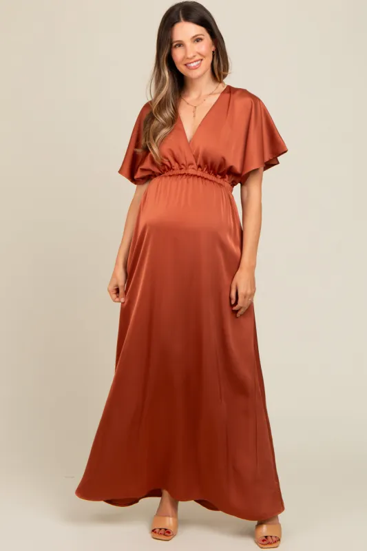 Rust Satin V-Neck Flutter Short Sleeve Maternity Maxi Dress sold by Pinkblush
