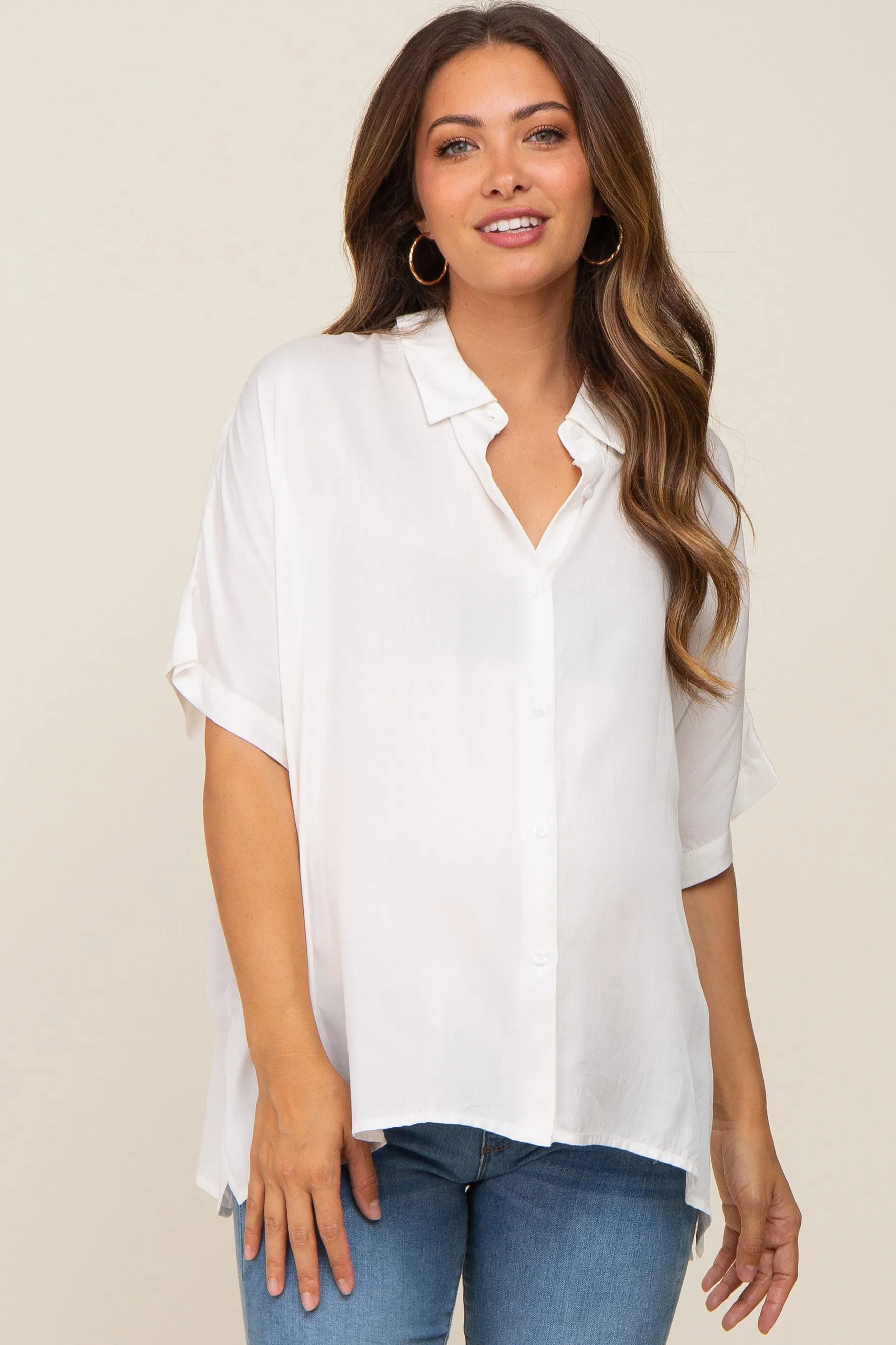 White Button Up Dolman Short Sleeve Maternity Top sold by Pinkblush
