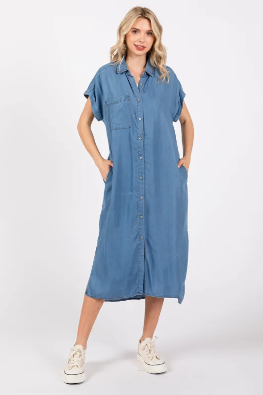 Blue Chambray Button Down Midi Dress sold by Pinkblush