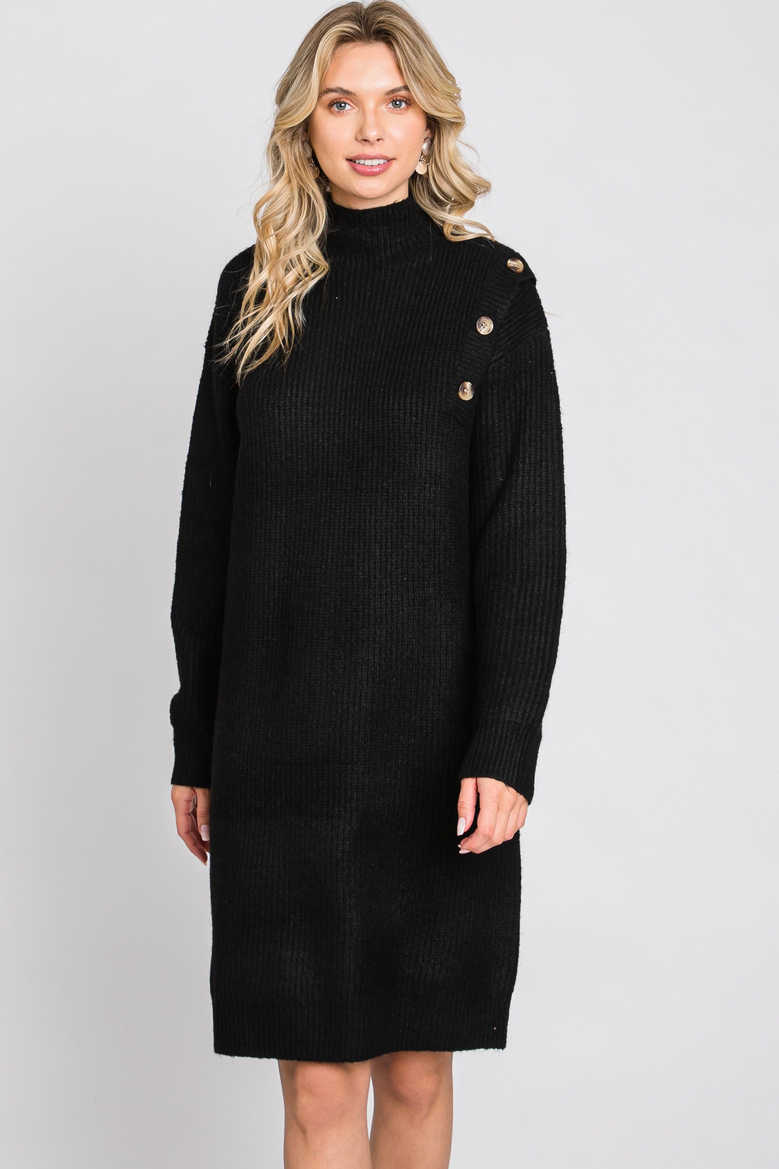 Black Mock Neck Button Shoulder Sweater Dress sold by Pinkblush product image thumbnail 3