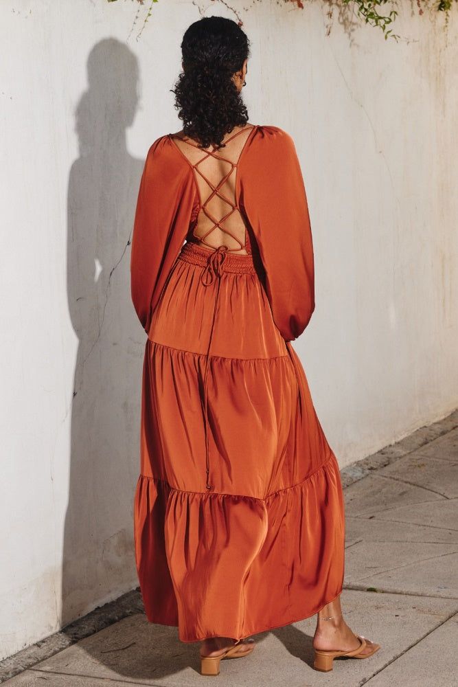 Rust Satin Smocked Waist Tiered Maxi Dress sold by Pinkblush product image thumbnail 2