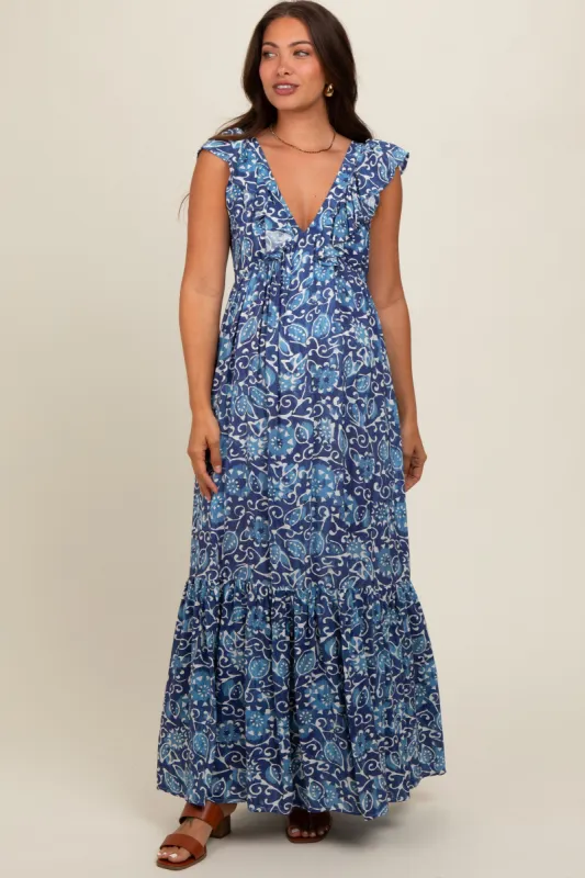 Blue Abstract Floral Ruffle Accent Maternity Maxi Dress sold by Pinkblush