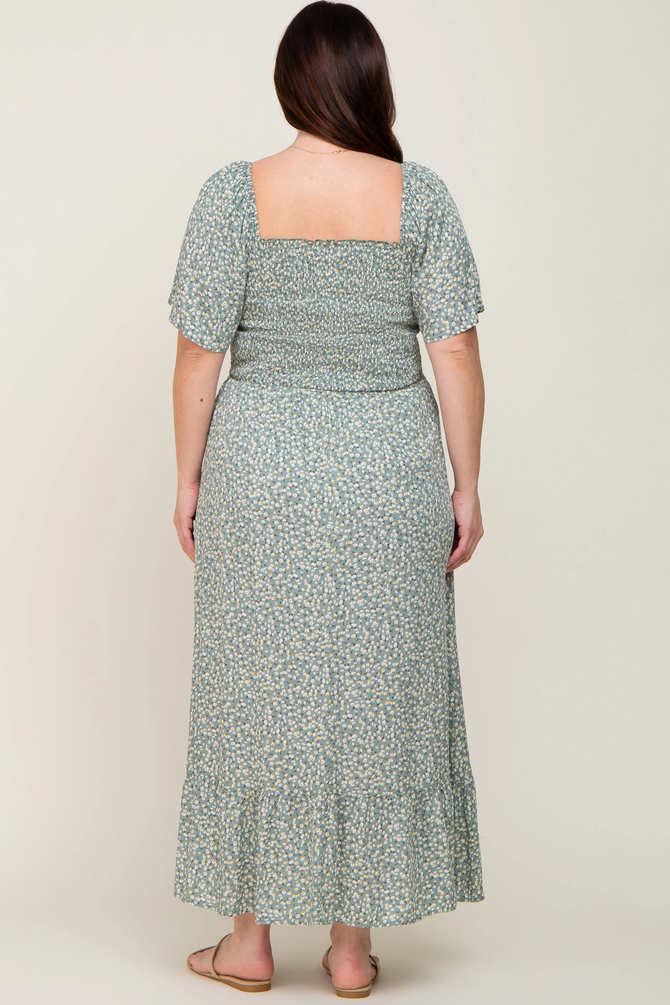 Mint Green Floral Smocked Flounce Sleeve Plus Maxi Dress sold by Pinkblush product image thumbnail 3