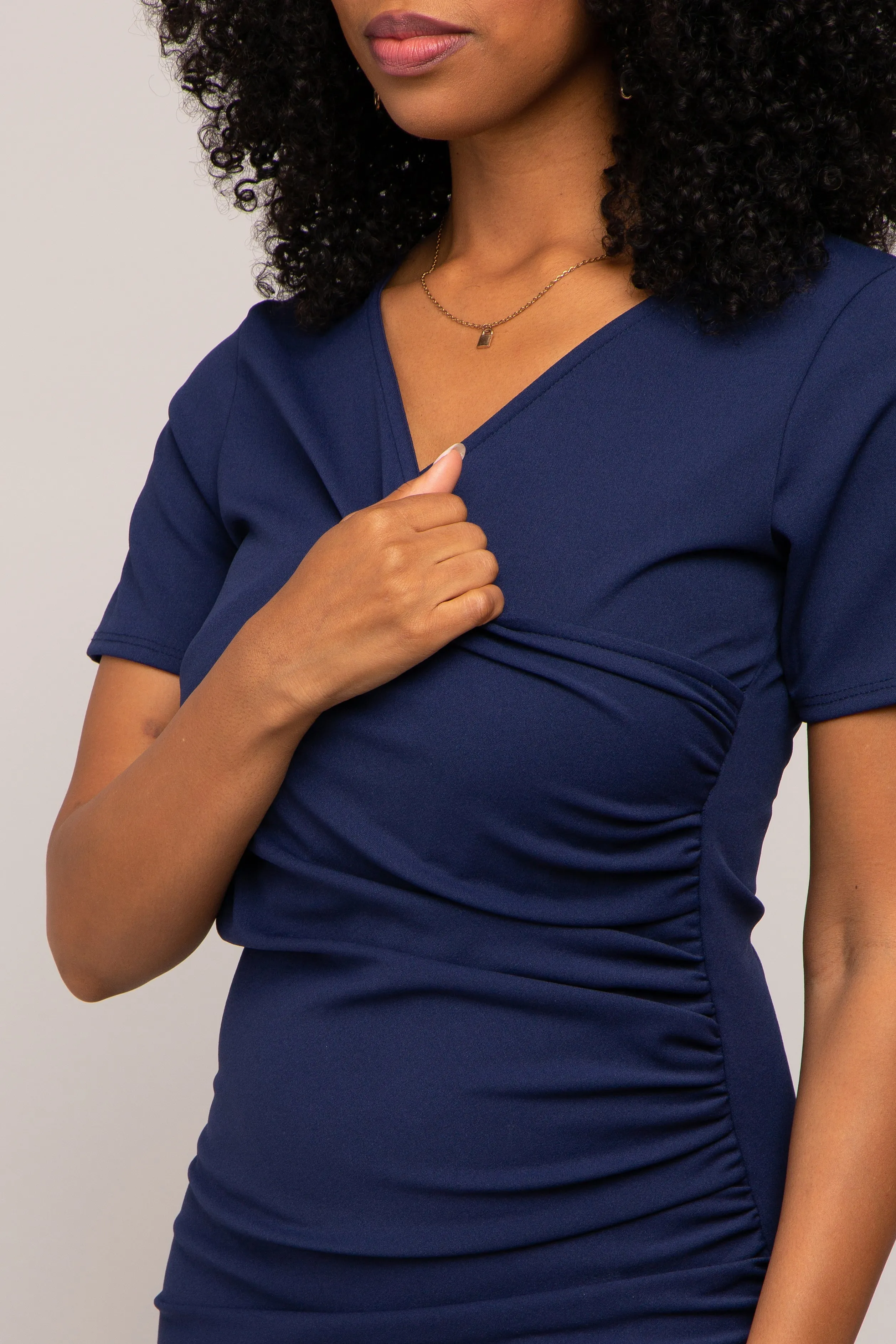 Navy Ruched Wrap Tulip Hem Fitted Dress sold by Pinkblush product image thumbnail 4