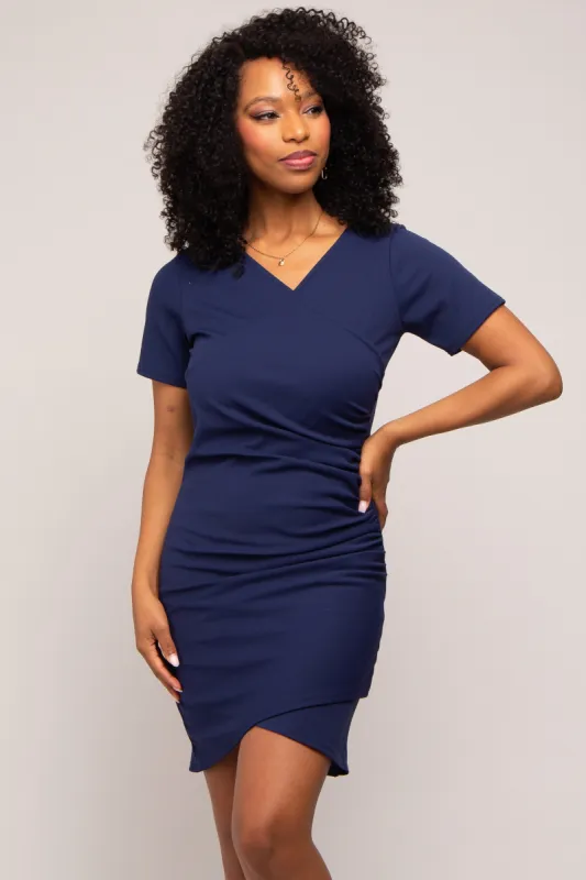 Navy Ruched Wrap Tulip Hem Fitted Dress sold by Pinkblush
