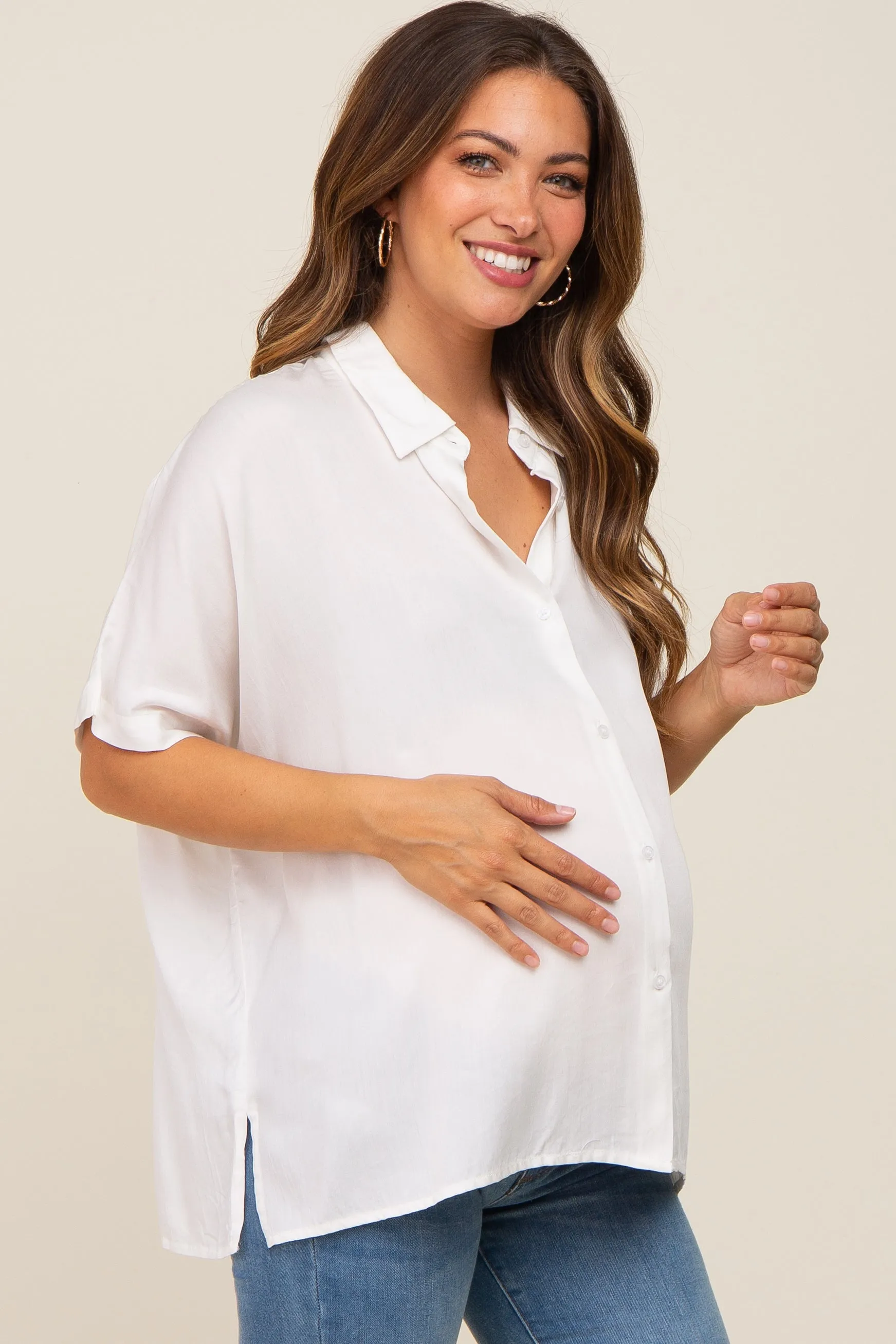 White Button Up Dolman Short Sleeve Maternity Top sold by Pinkblush product image thumbnail 2