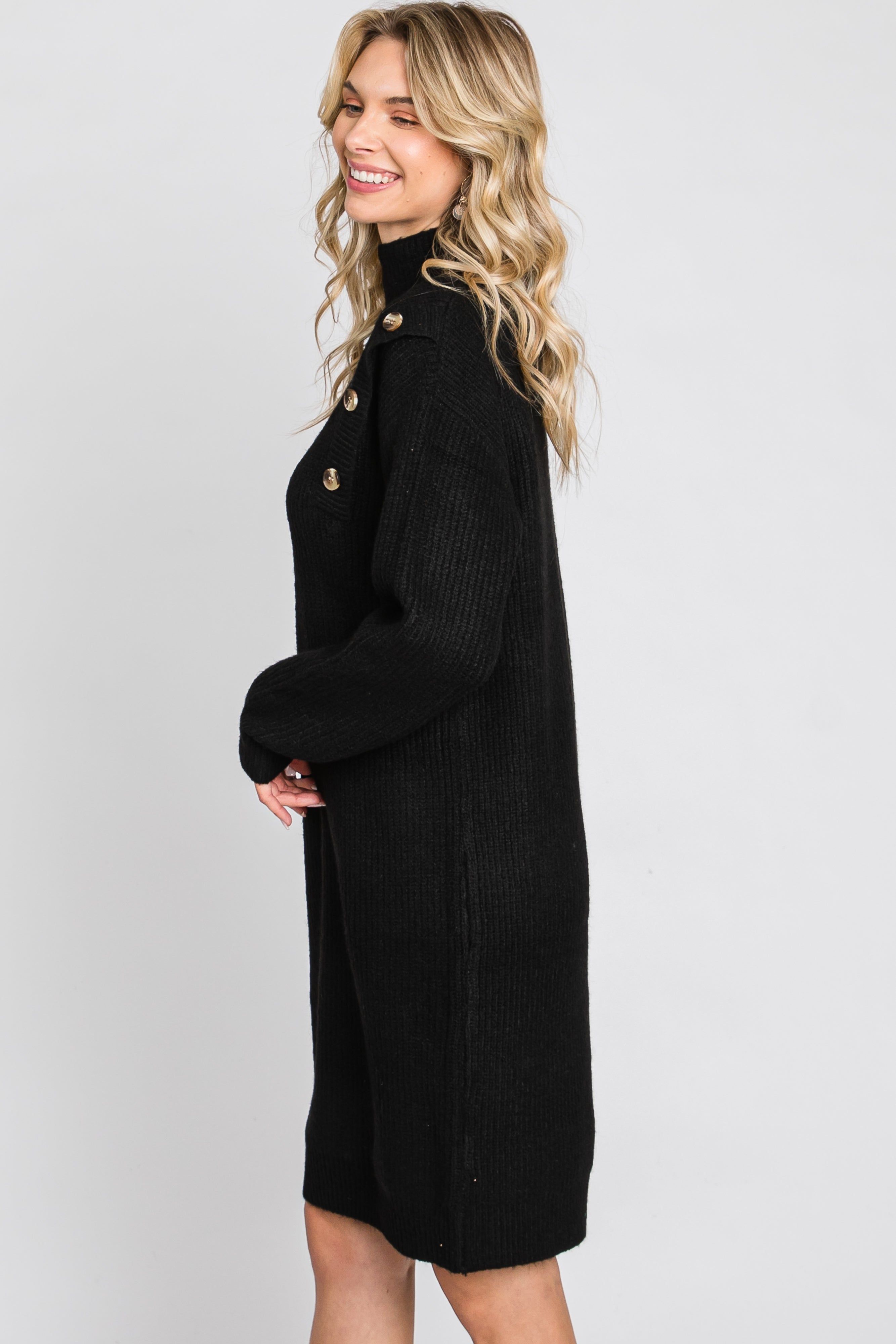 Black Mock Neck Button Shoulder Sweater Dress sold by Pinkblush product image thumbnail 4
