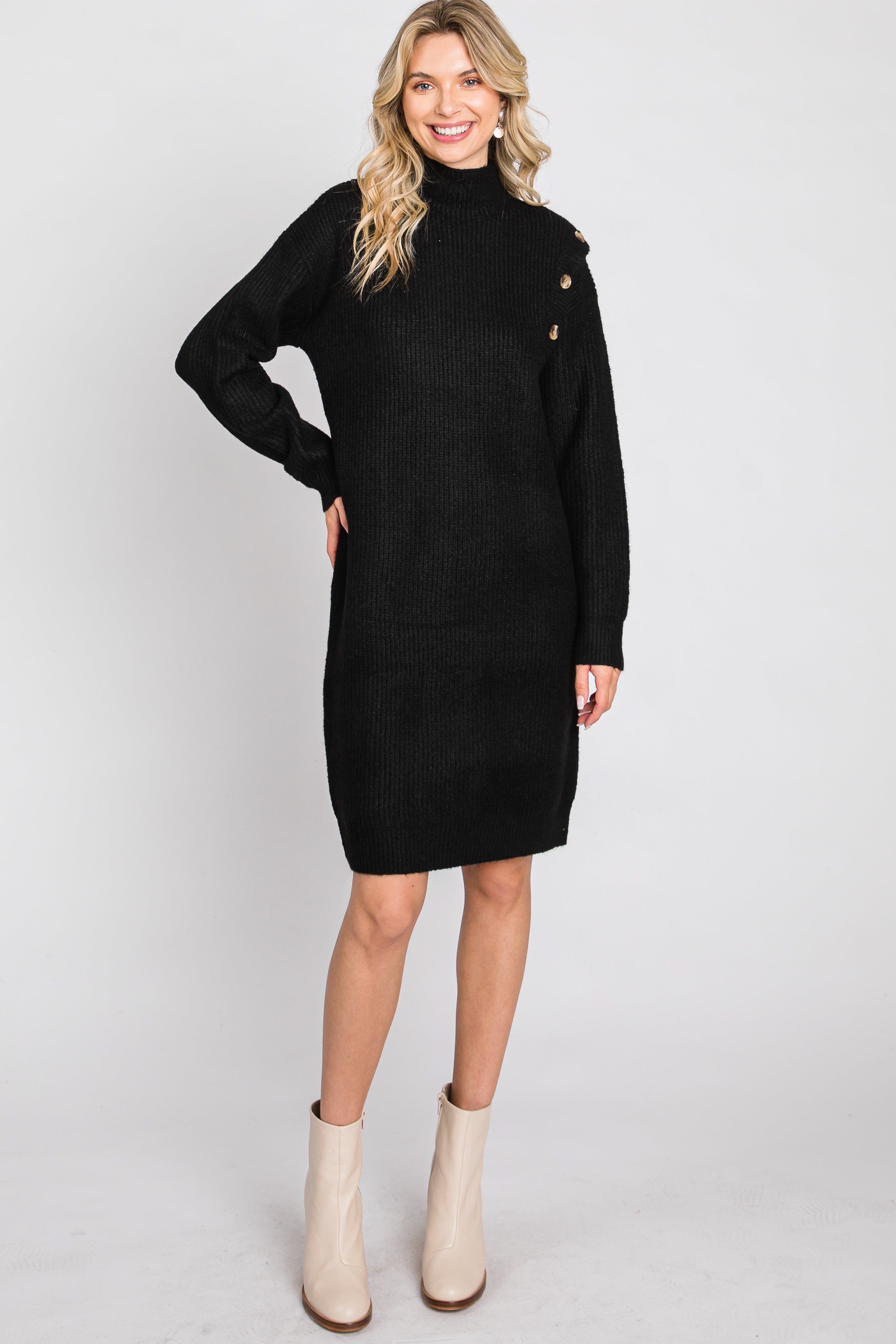 Black Mock Neck Button Shoulder Sweater Dress sold by Pinkblush