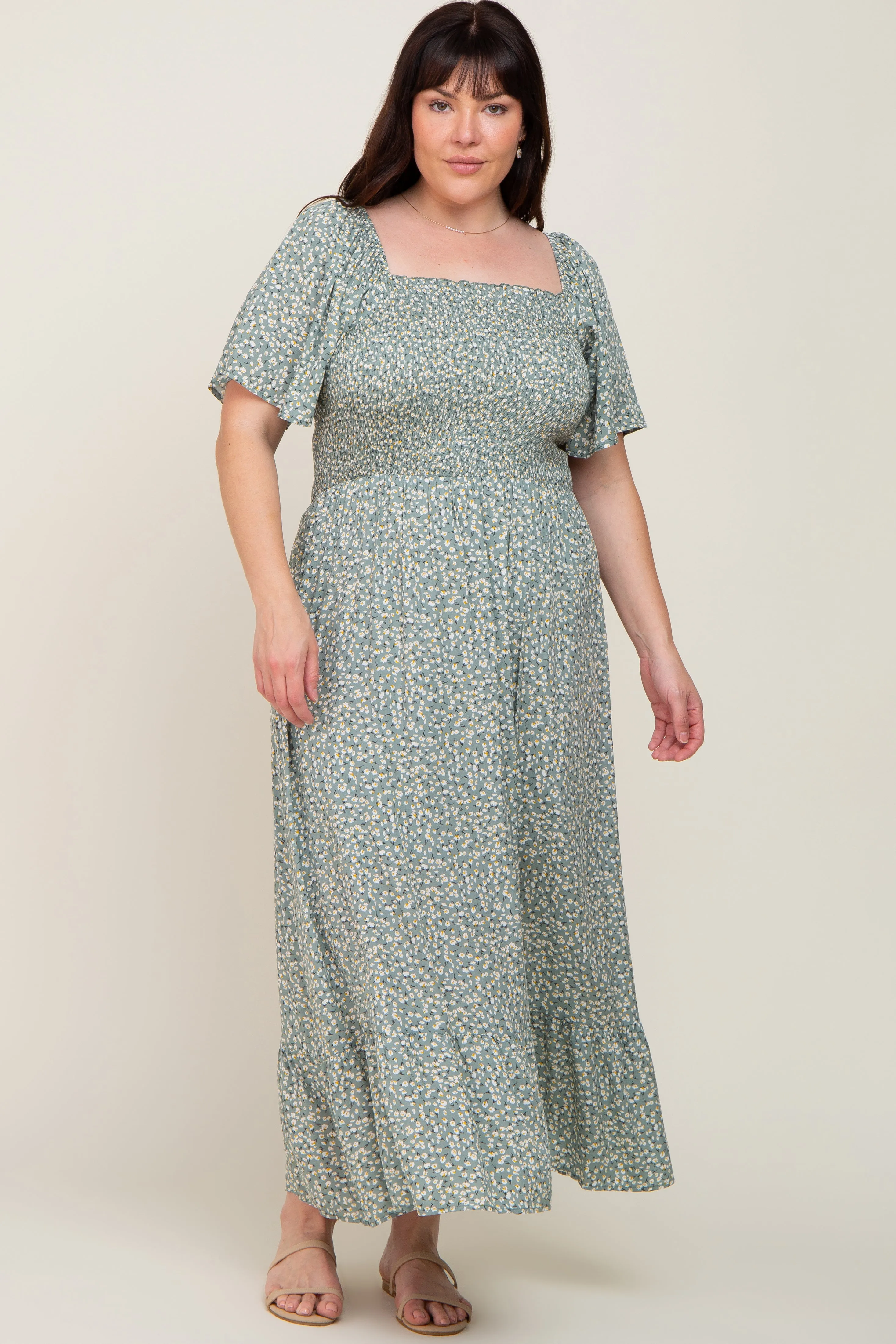 Mint Green Floral Smocked Flounce Sleeve Plus Maxi Dress sold by Pinkblush product image thumbnail 4