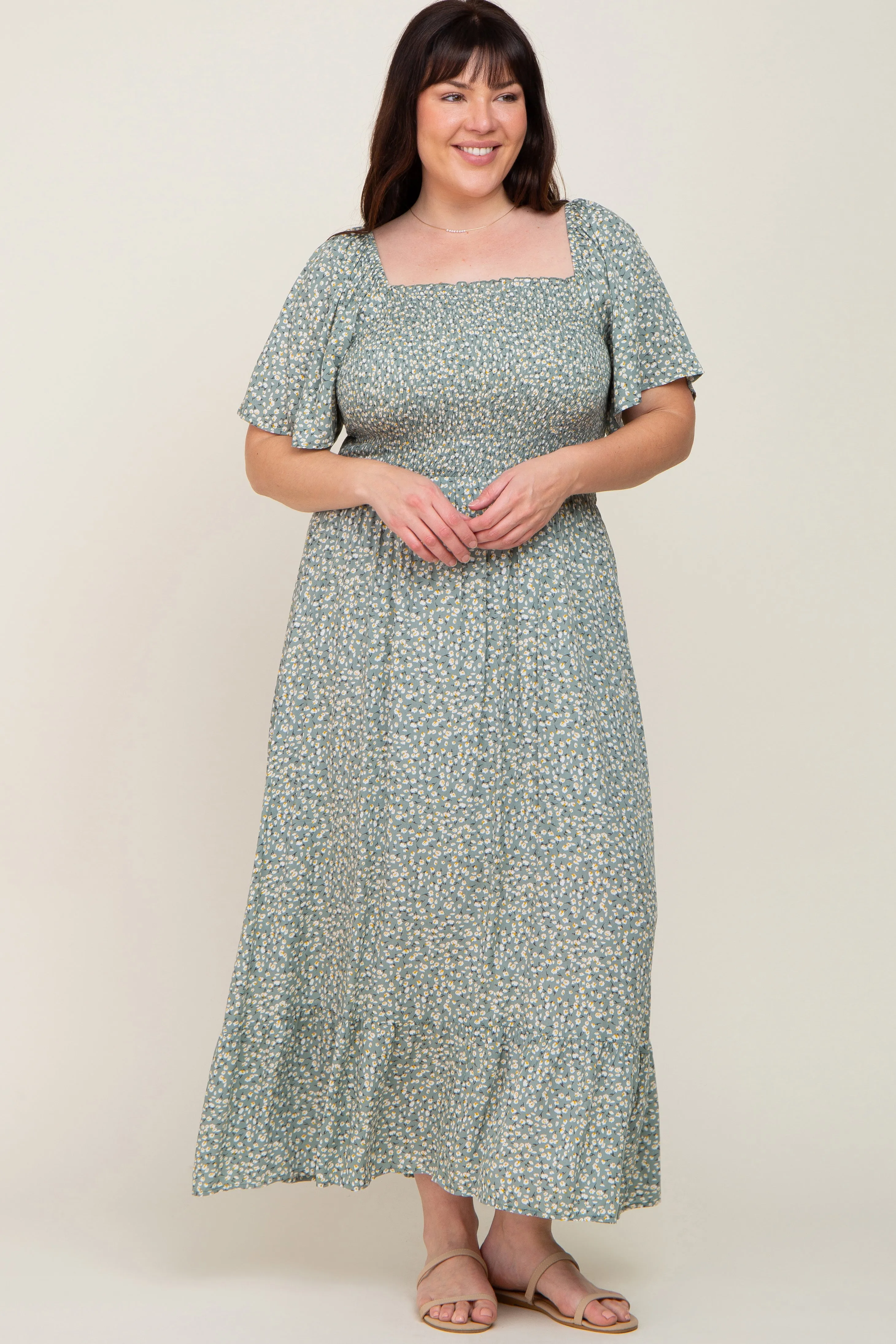 Mint Green Floral Smocked Flounce Sleeve Plus Maxi Dress sold by Pinkblush