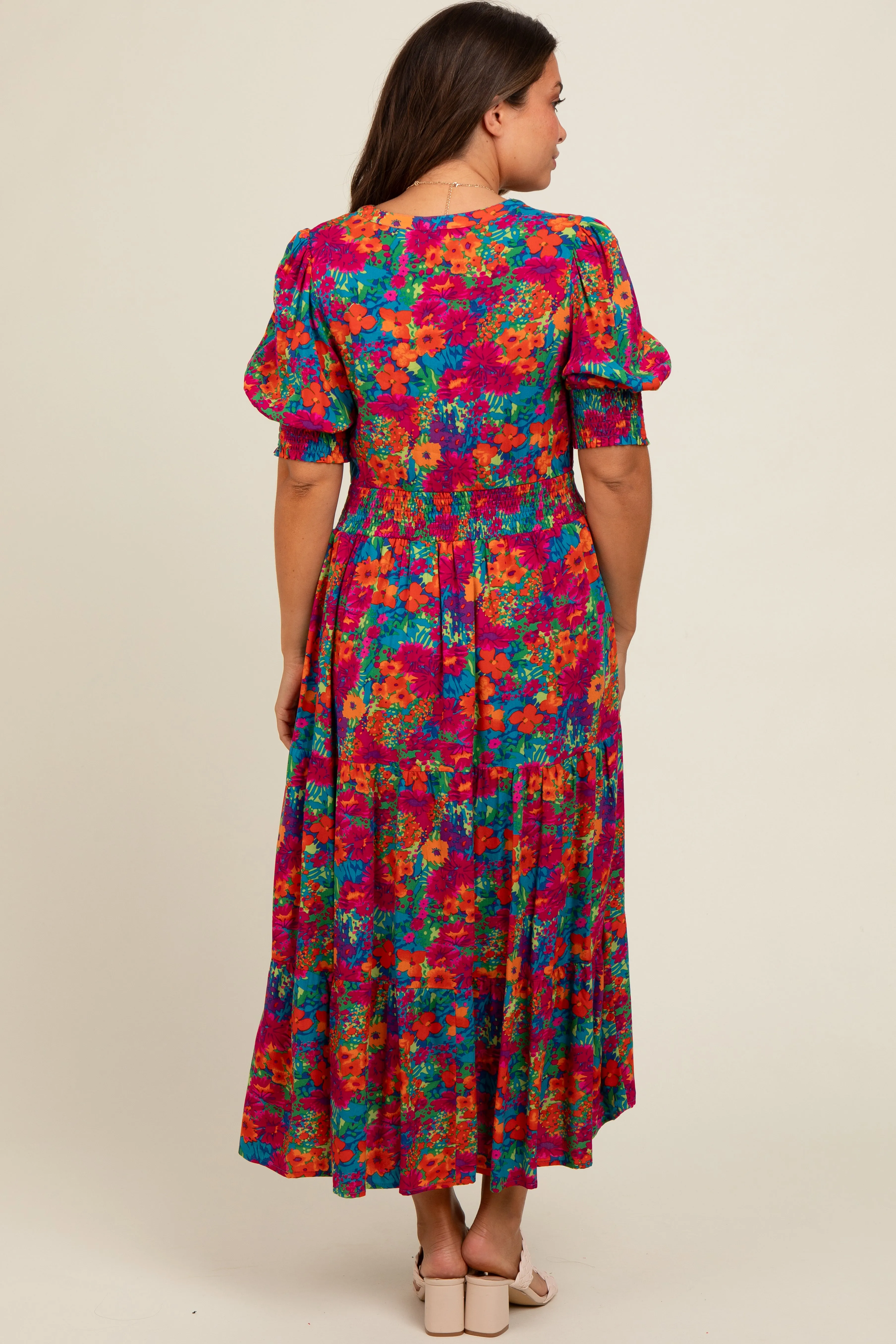 Orange Floral Smocked Waist Maternity Midi Dress sold by Pinkblush product image thumbnail 2