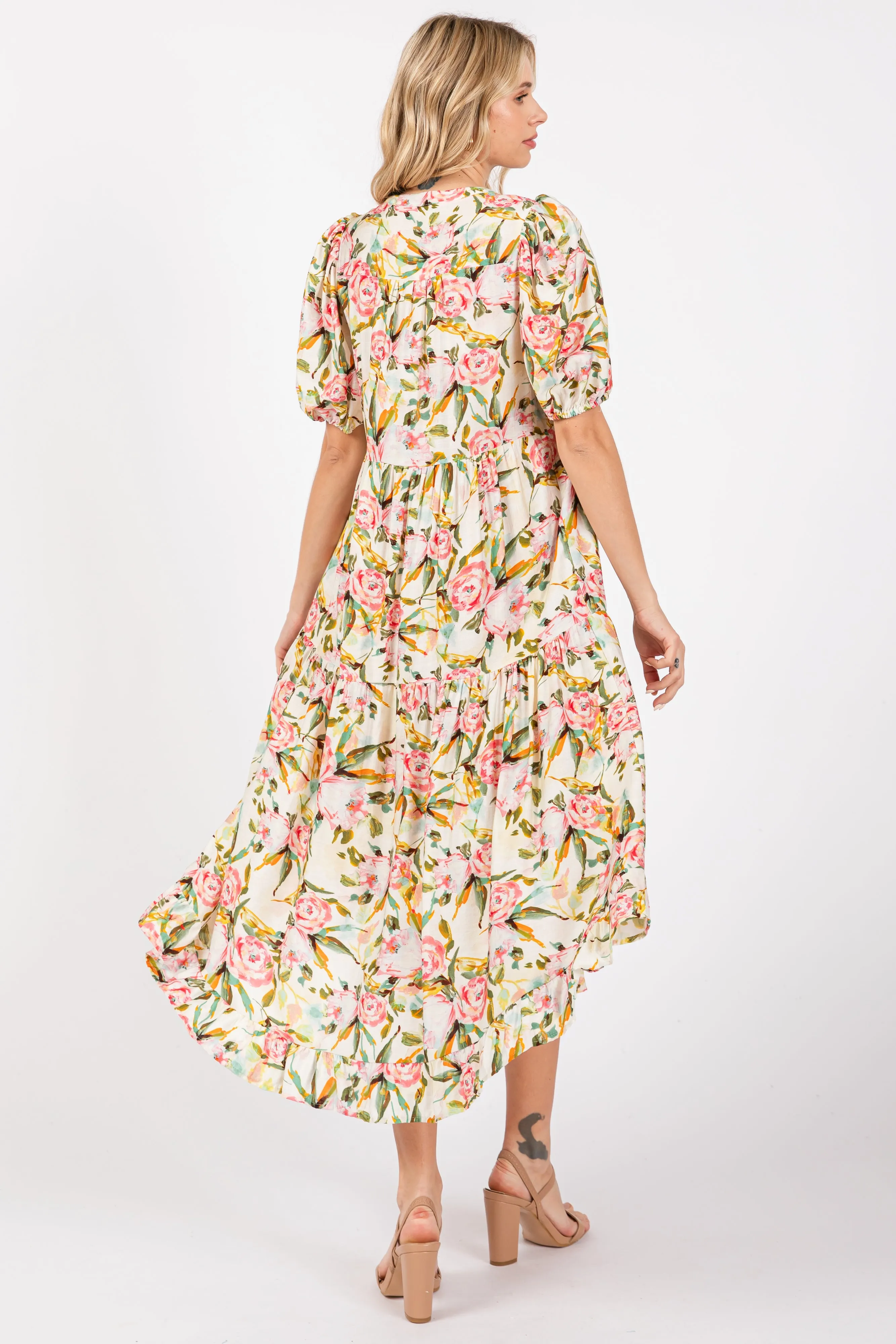 Cream Floral V-Neck Tiered Midi Dress sold by Pinkblush product image thumbnail 4