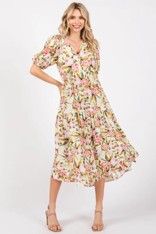 Cream Floral V-Neck Tiered Midi Dress sold by Pinkblush