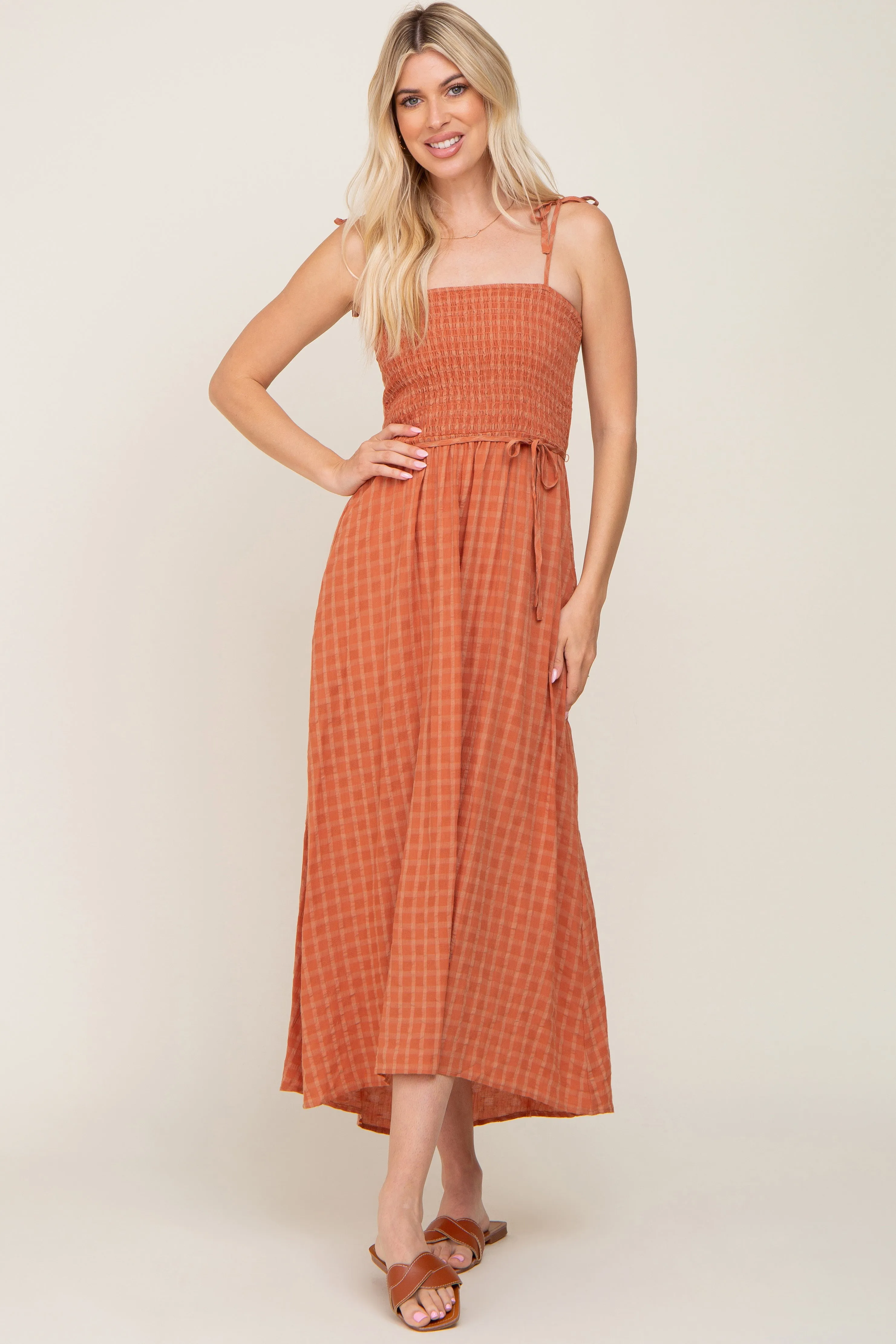 Rust Gingham Smocked Hi-Lo Maternity Maxi Dress sold by Pinkblush product image thumbnail 5
