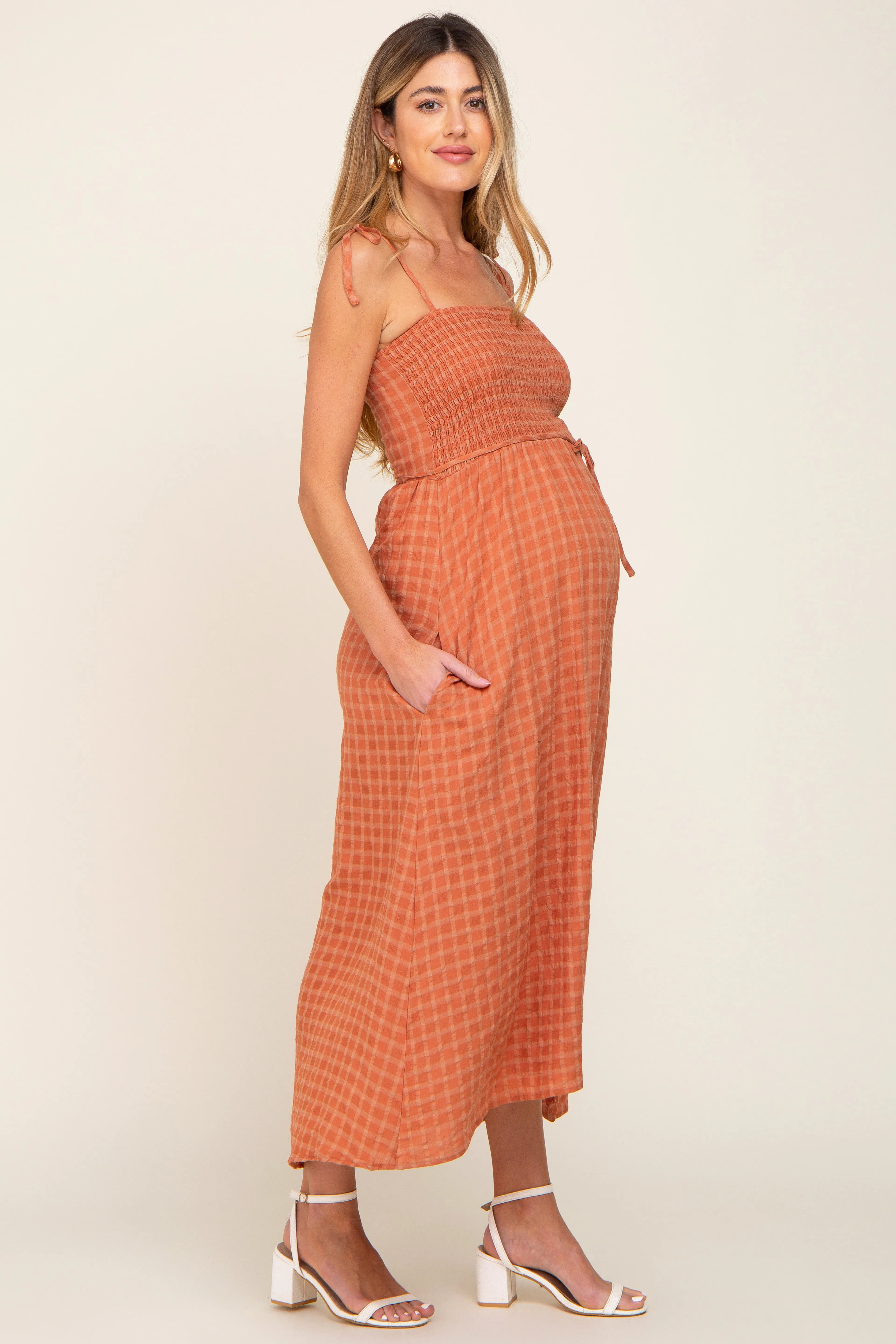 Rust Gingham Smocked Hi-Lo Maternity Maxi Dress sold by Pinkblush product image thumbnail 2