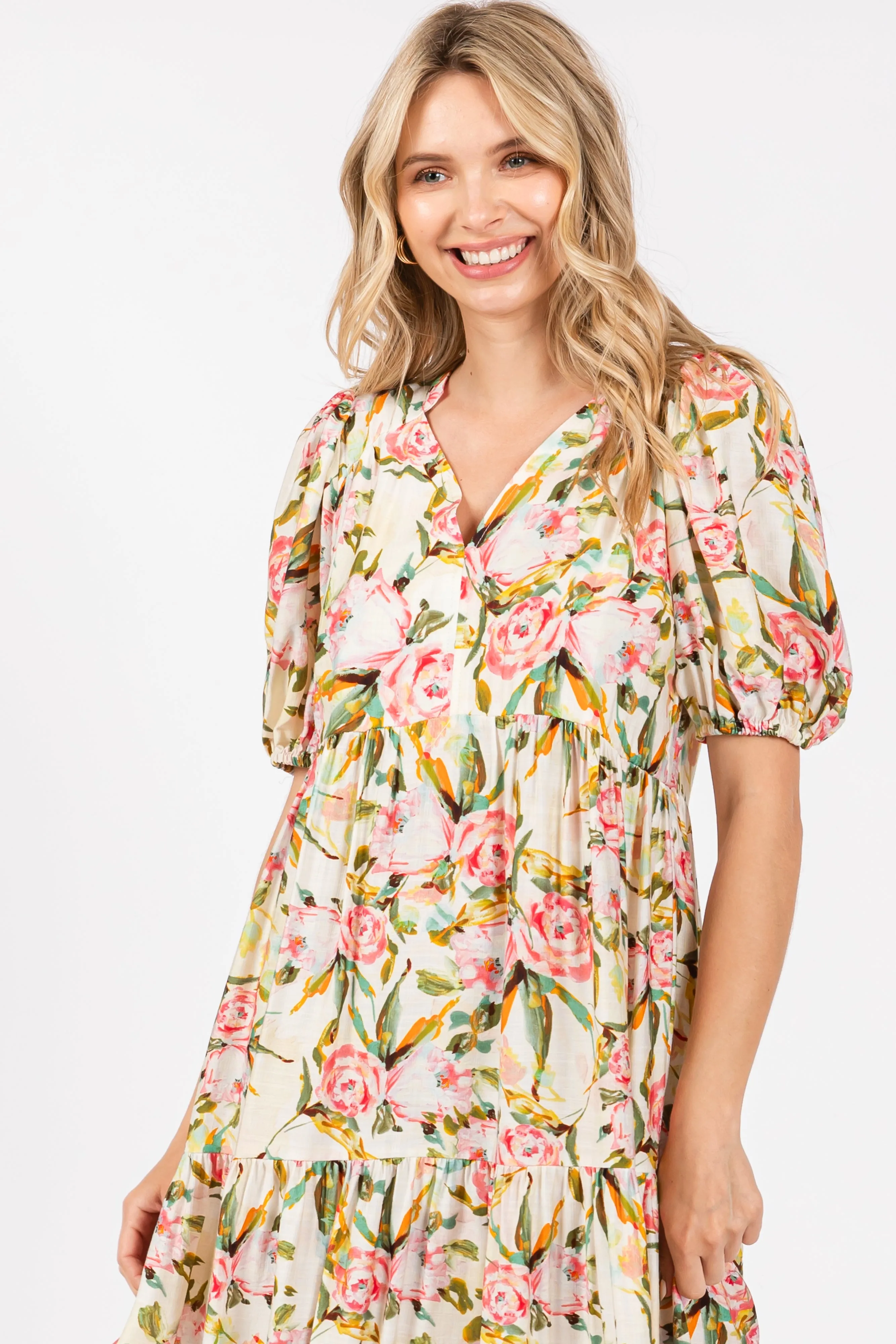 Cream Floral V-Neck Tiered Midi Dress sold by Pinkblush product image thumbnail 5