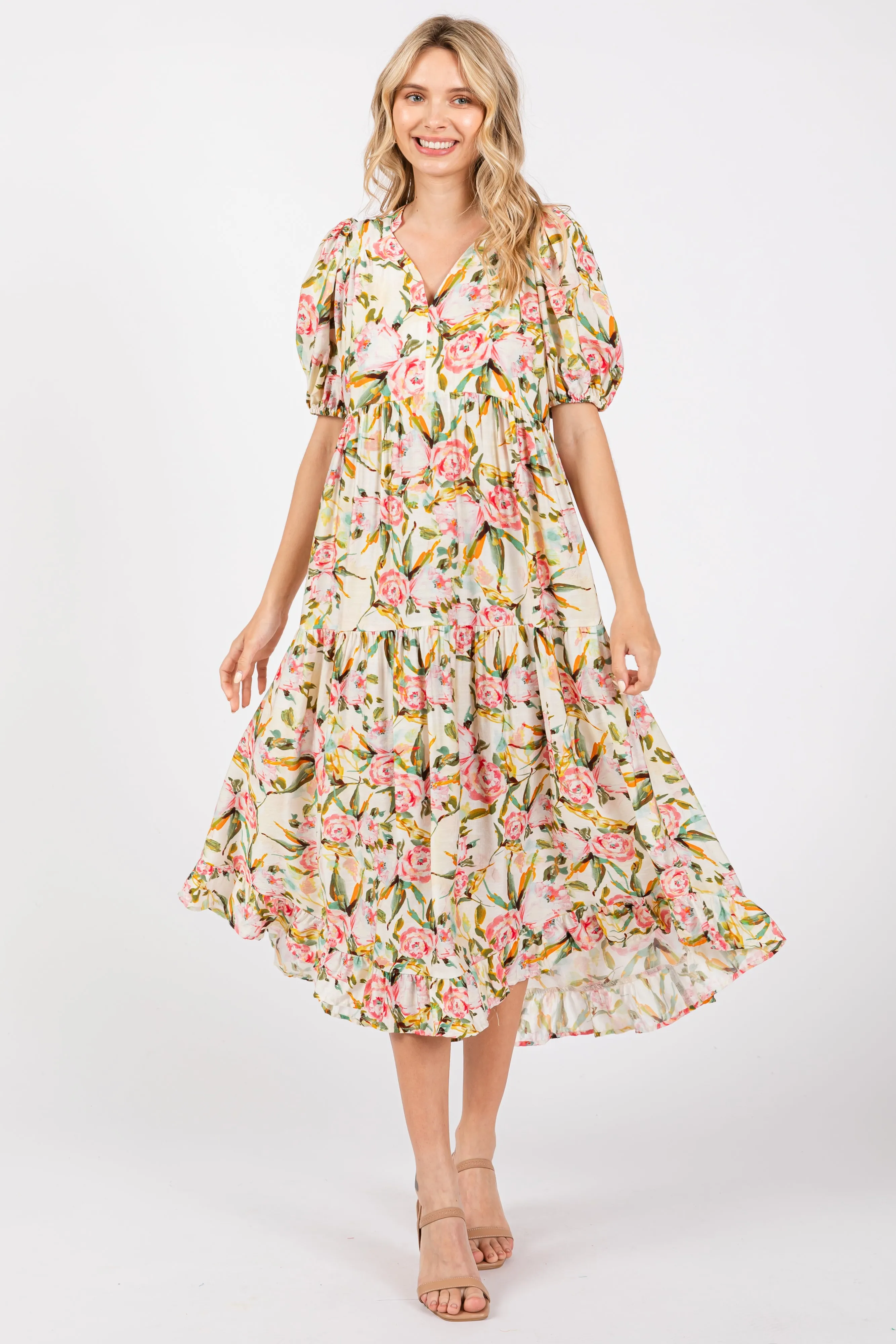 Cream Floral V-Neck Tiered Midi Dress sold by Pinkblush product image thumbnail 2
