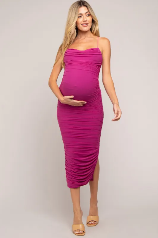 Magenta Mesh Ruched Maternity Side Slit Midi Dress sold by Pinkblush