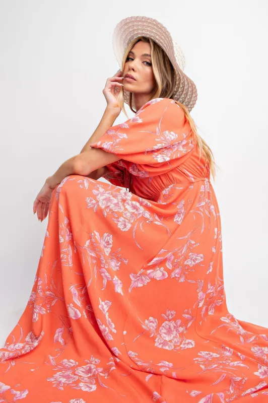 Orange Floral Puff Sleeve Maxi Dress sold by Pinkblush
