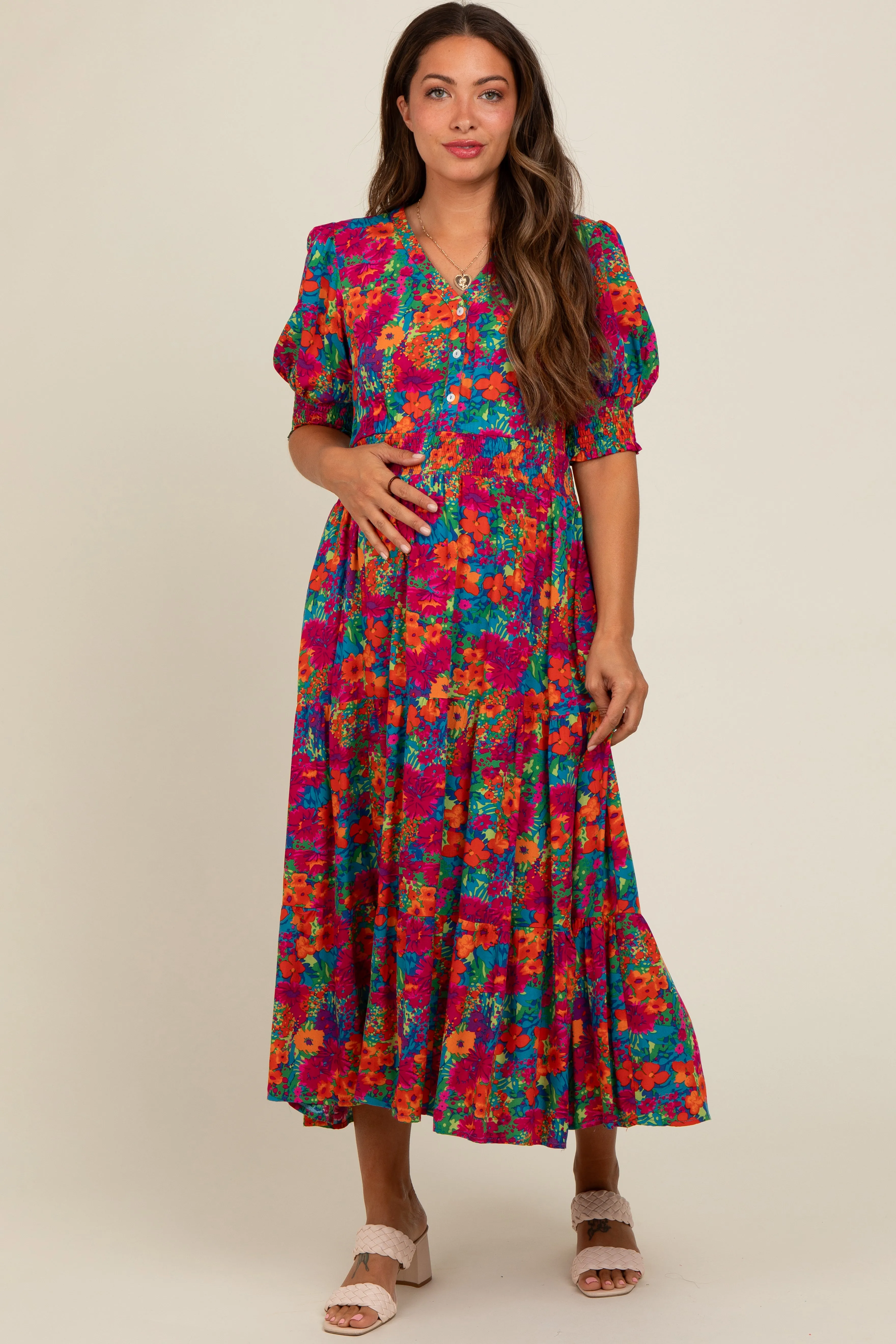 Orange Floral Smocked Waist Maternity Midi Dress sold by Pinkblush