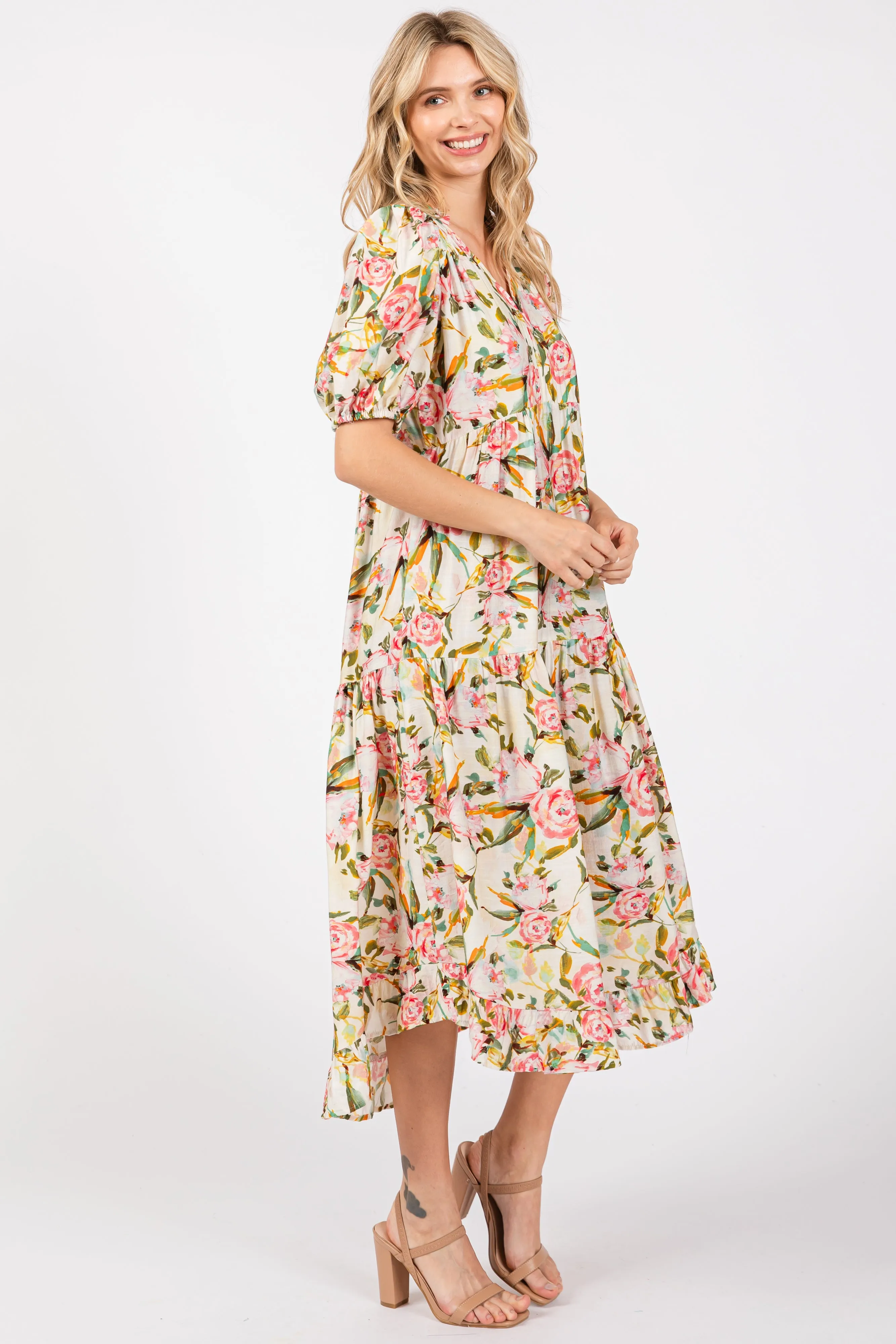 Cream Floral V-Neck Tiered Midi Dress sold by Pinkblush product image thumbnail 3