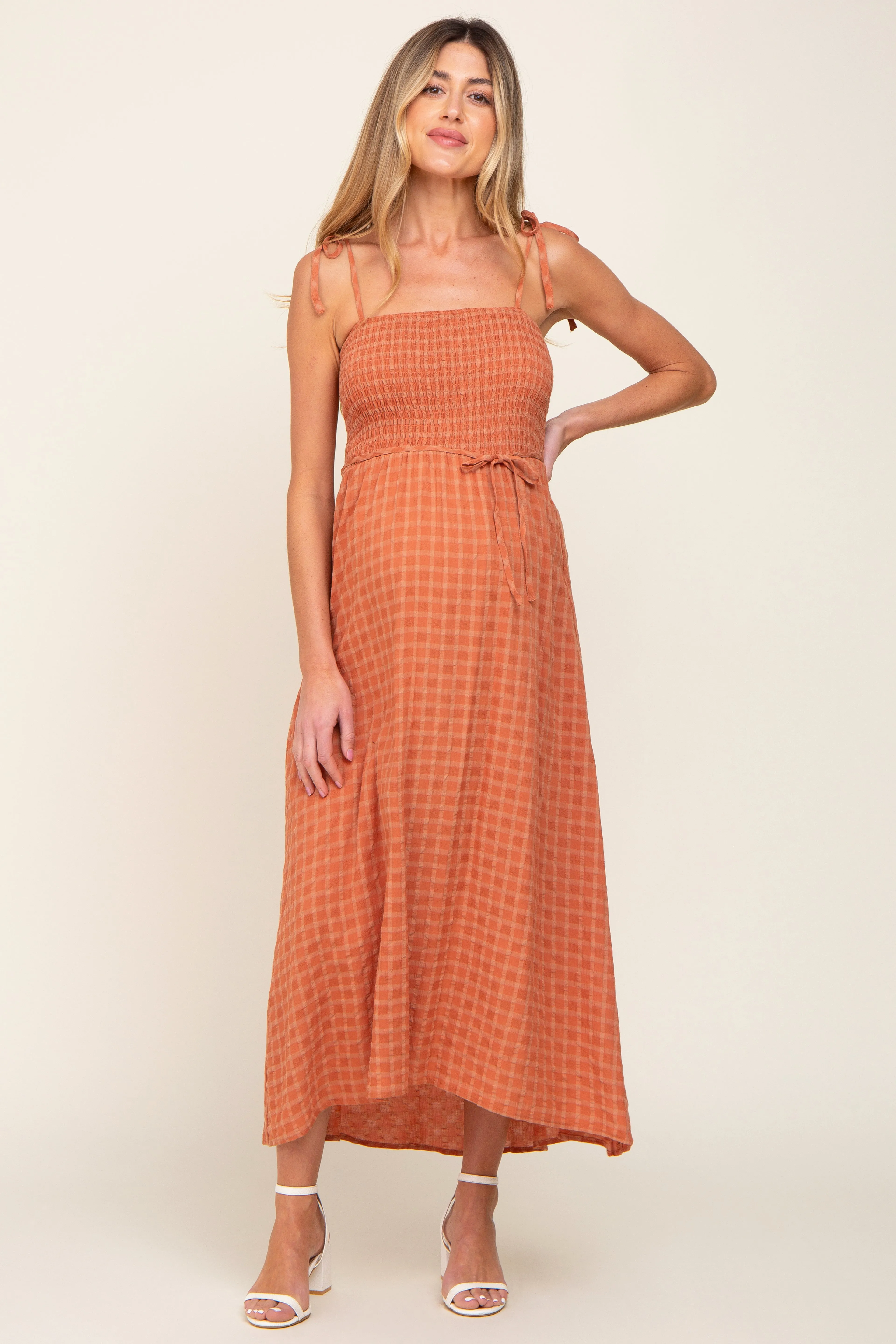 Rust Gingham Smocked Hi-Lo Maternity Maxi Dress sold by Pinkblush product image thumbnail 4