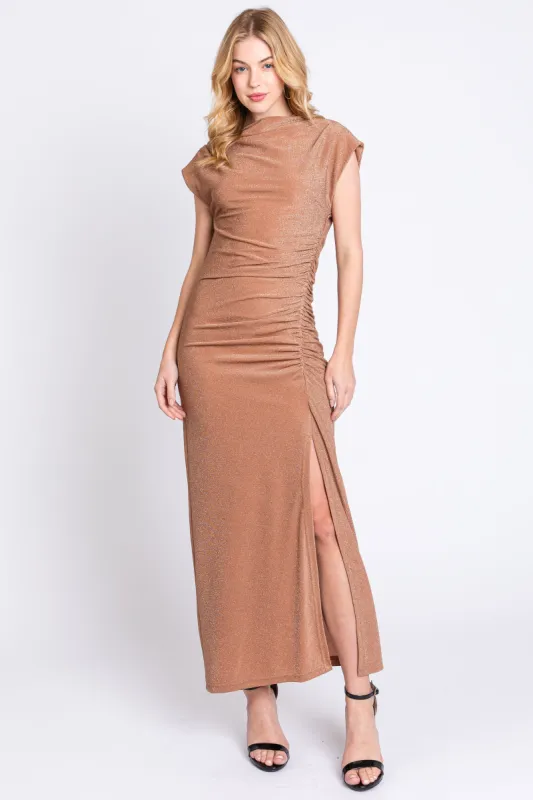 Mocha Glitter Mock Neck Midi Dress sold by Pinkblush