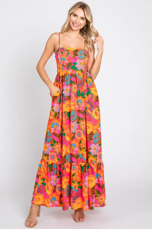 Orange Floral Back Tie Maxi Dress sold by Pinkblush