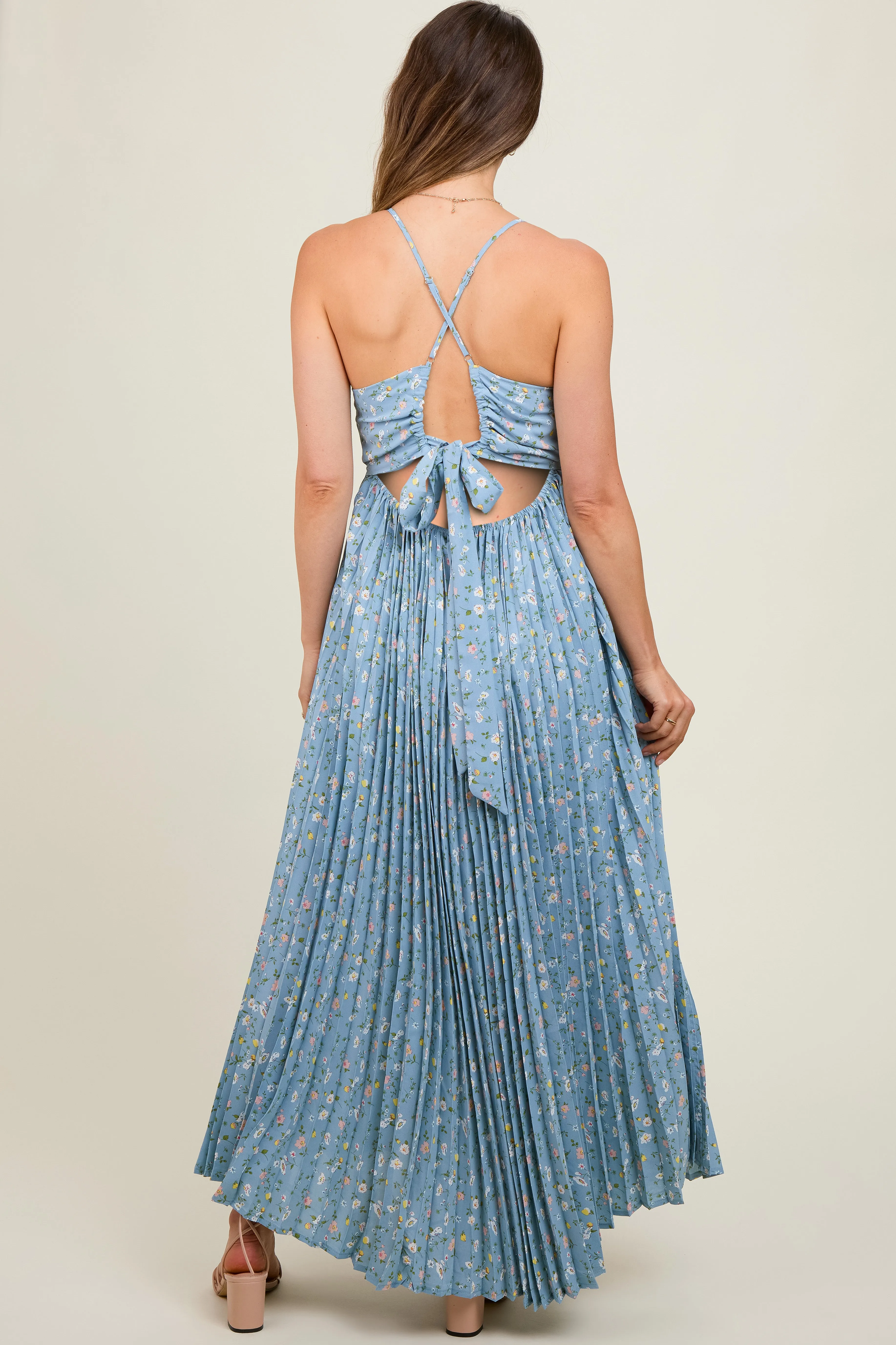 Blue Floral Pleated Back Cutout Maternity Maxi Dress sold by Pinkblush product image thumbnail 3