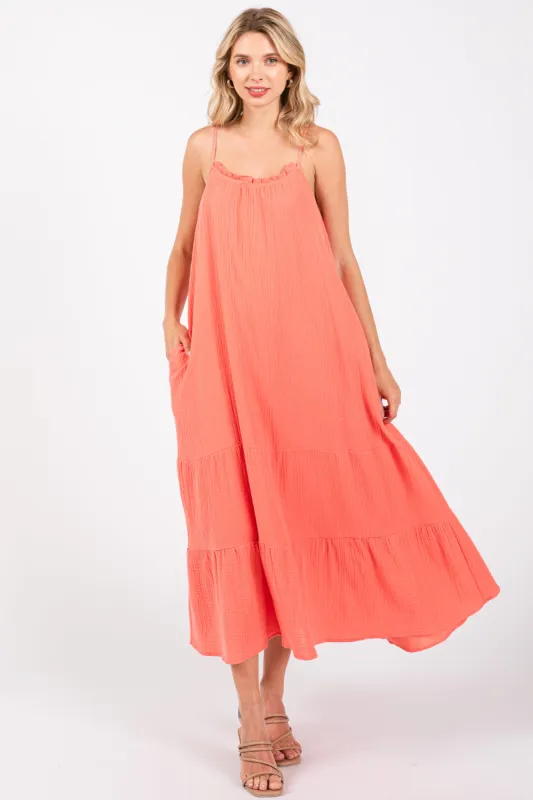 Coral Tiered Hem Midi Dress sold by Pinkblush
