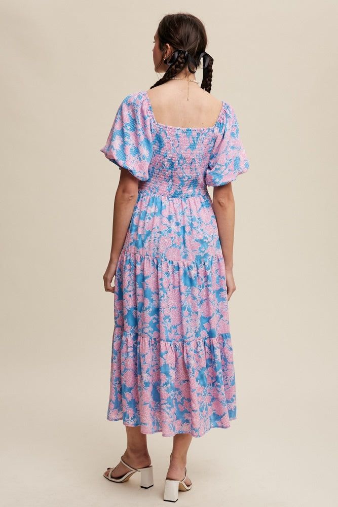 Blue Flower Print Puff Sleeve Tiered Maxi Dress sold by Pinkblush product image thumbnail 3